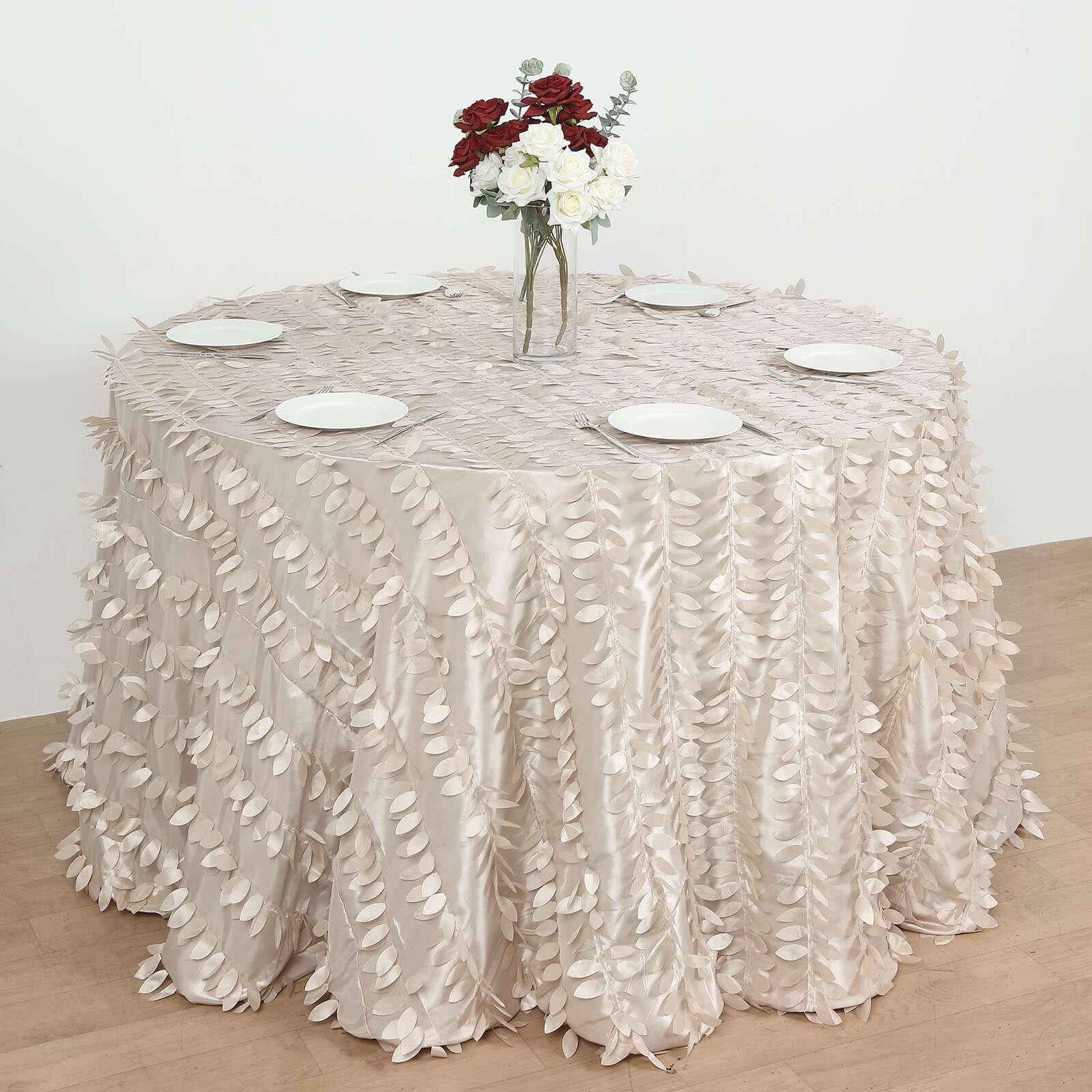 Taffeta 120" Round Tablecloth Beige 3D | 3D Leaf Petal Design Seamless Table Cover for Chic Wedding & Event Decor