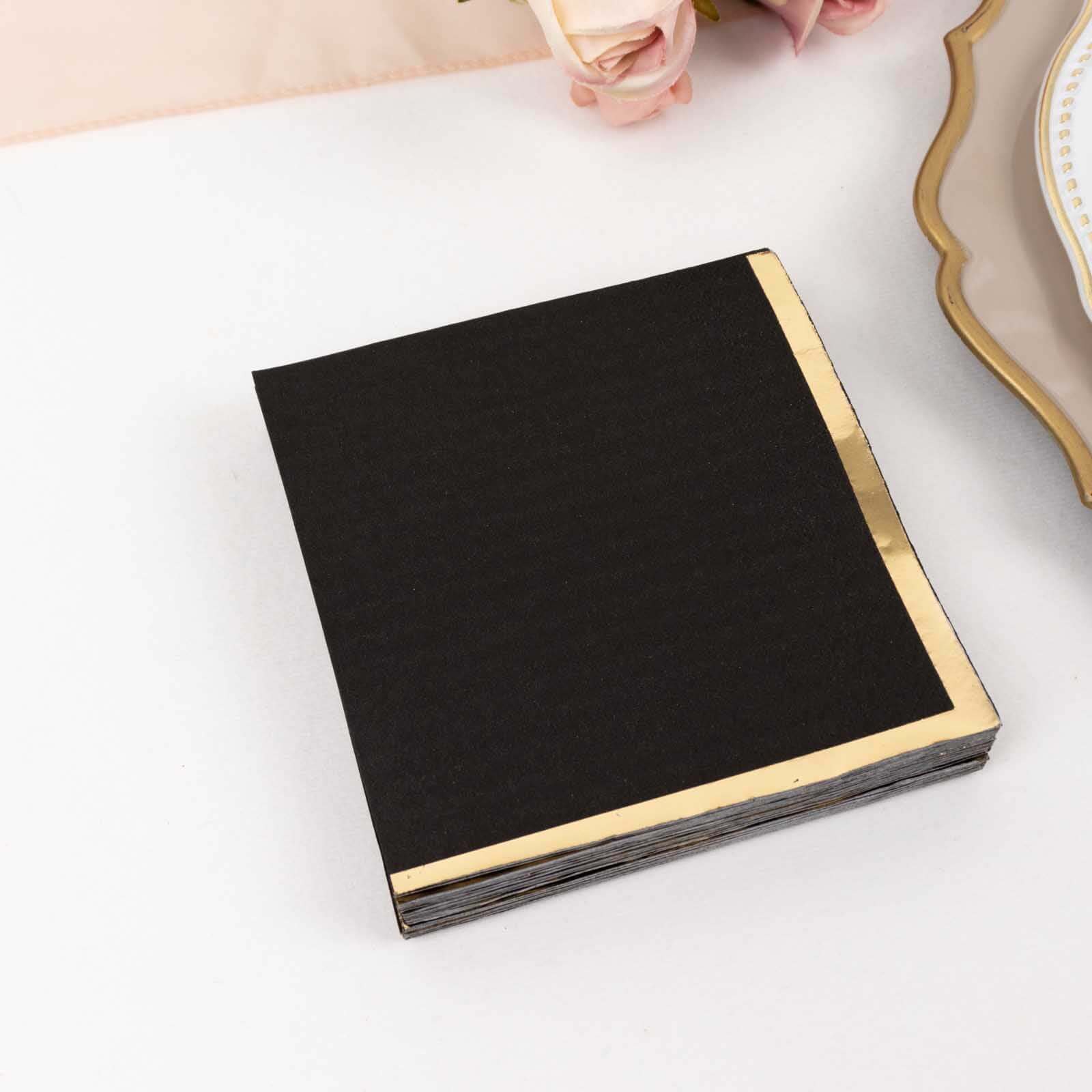 50-Pack Paper Beverage Napkins Black with Gold Foil Edge - 2 Ply Disposable Soft 18GSM Cocktail Napkins for Events 5"x5"