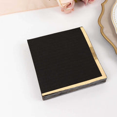 50-Pack Paper Beverage Napkins Black with Gold Foil Edge - 2 Ply Disposable Soft 18GSM Cocktail Napkins for Events 5"x5"