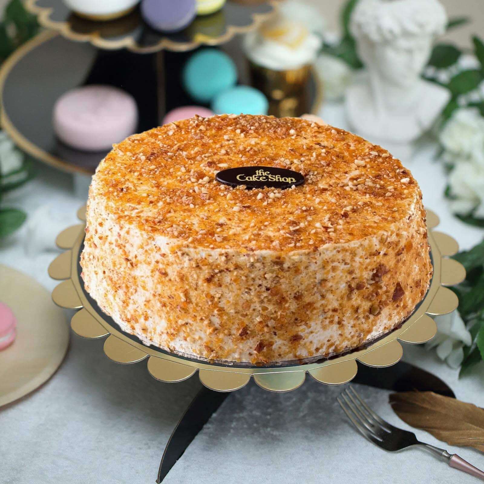 1-Tier Cardboard Cake Stand Black - Stylish Reusable Cupcake Dessert Holder with Gold Scalloped Rim for Baby Showers Birthdays & Events 13"