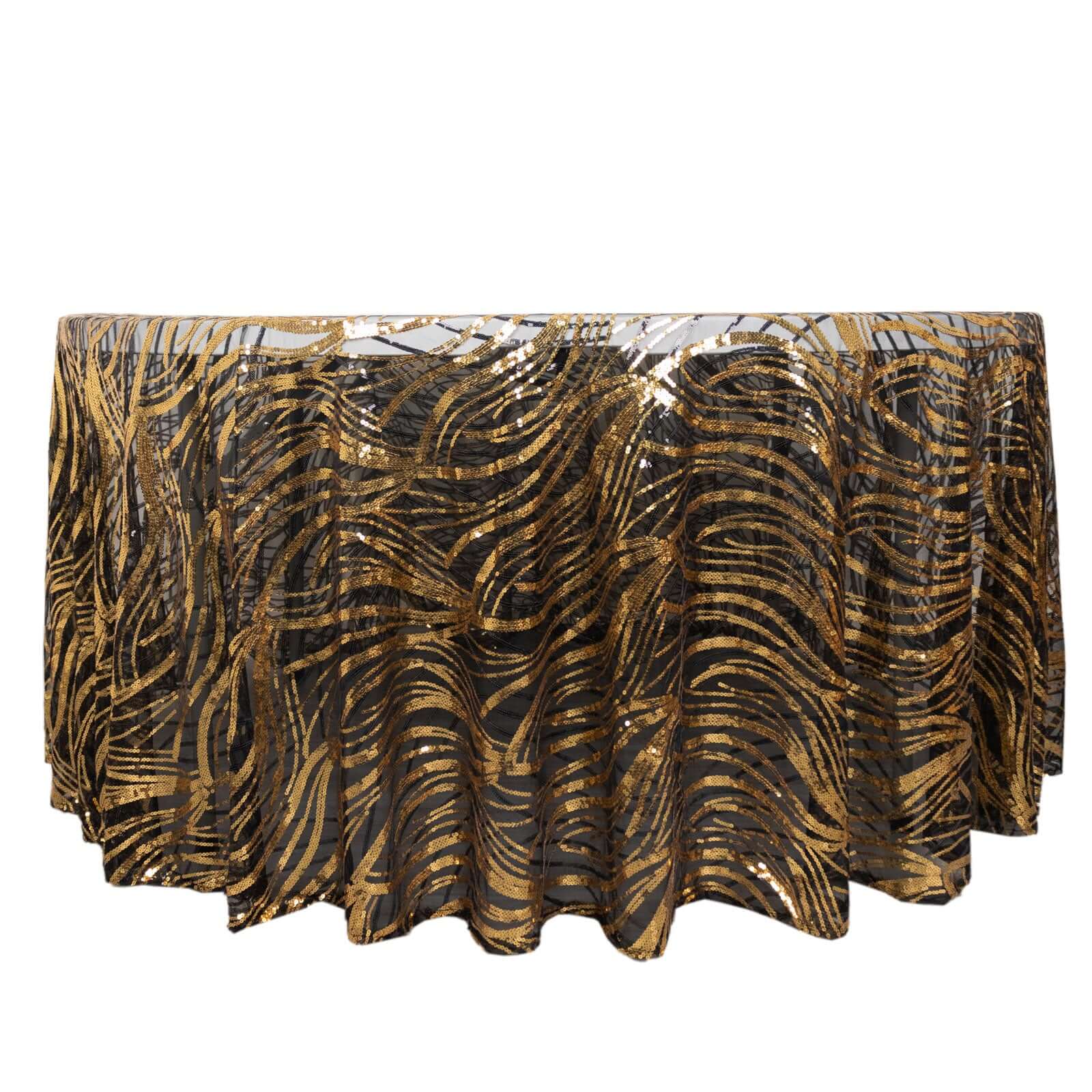 Sequin Mesh 120" Round Tablecloth Black/Gold - Seamless Wave Embroidered Table Cover