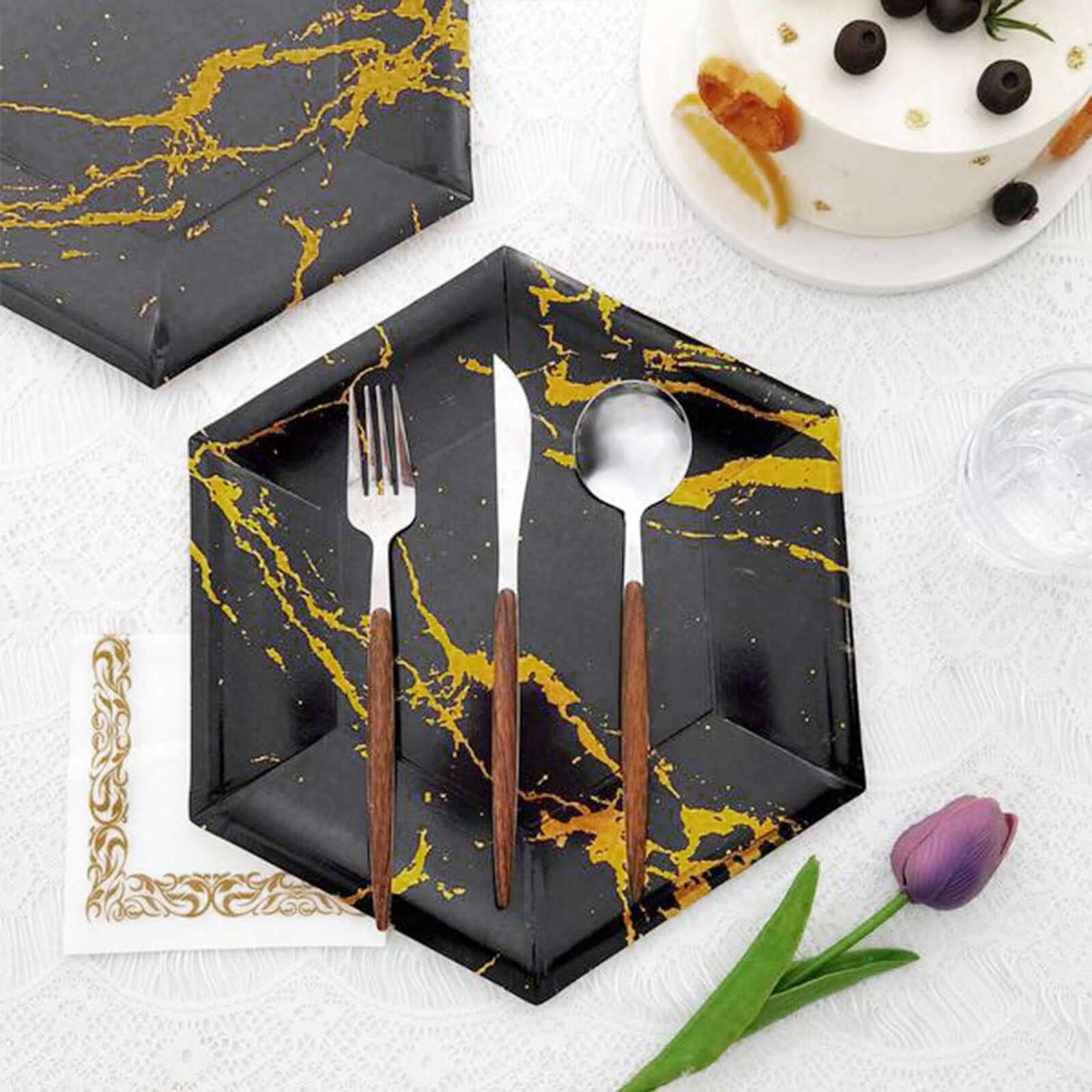 25-Pack Paper 12" Hexagon Dinner Plates in Black with Gold Marble Design - Disposable Geometric 400GSM Party Plates for Events & Banquets