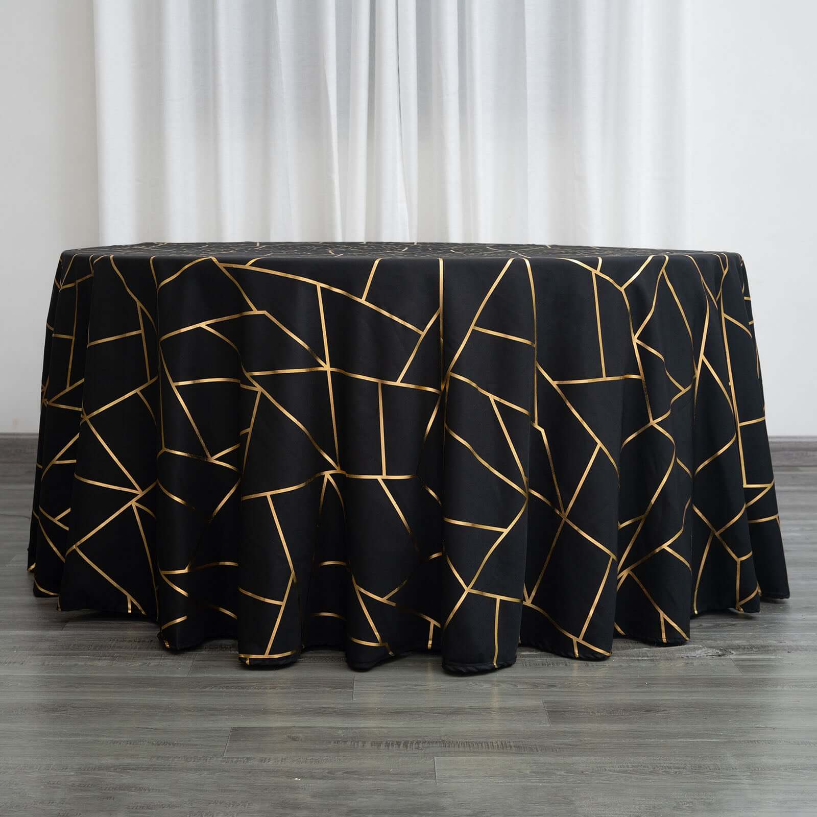Polyester 120" Round Tablecloth Black with Gold Foil Geometric Pattern Wrinkle-Resistant Seamless Table Cover