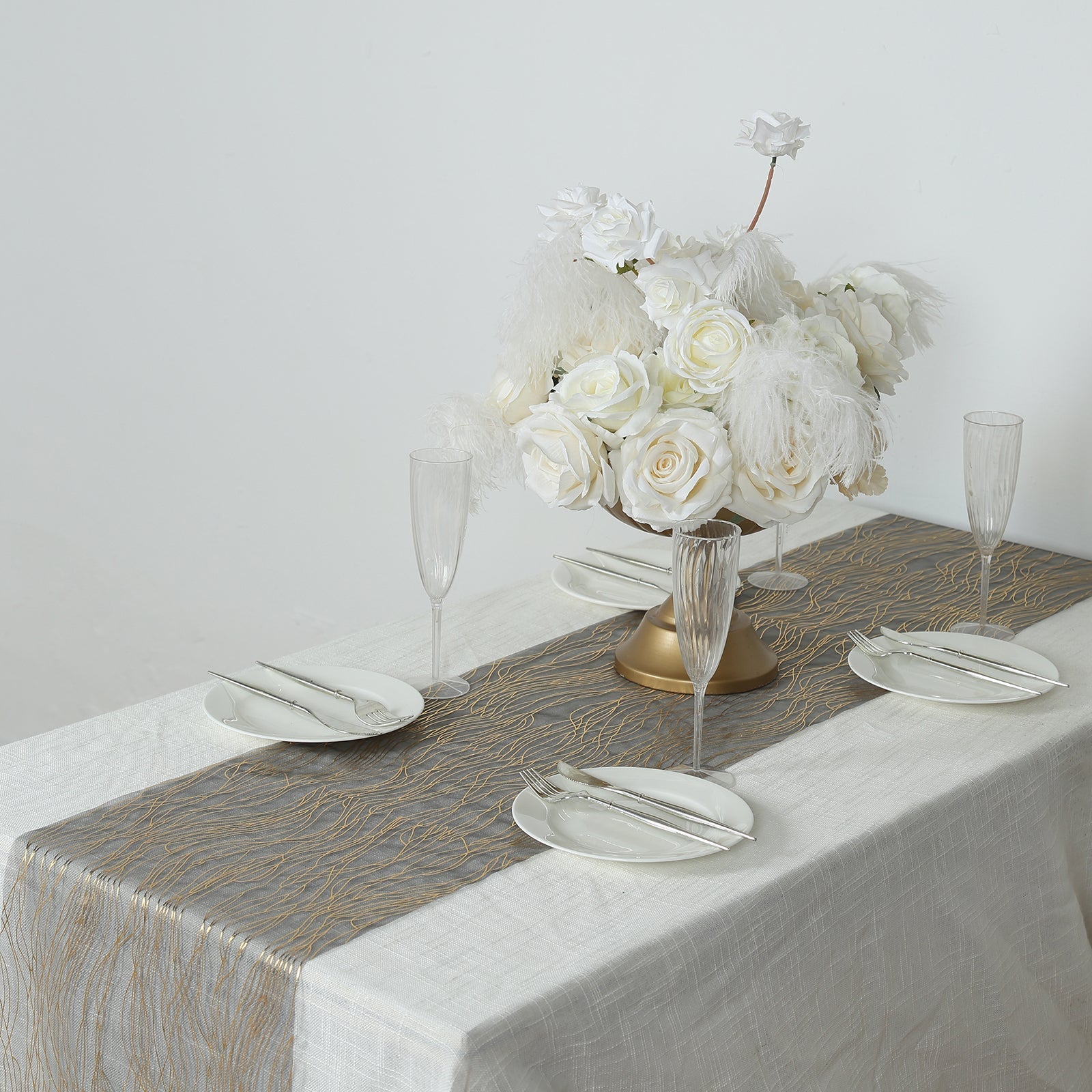 5 Pack Organza 12"x108" Table Runners Black - Gold Wave Design