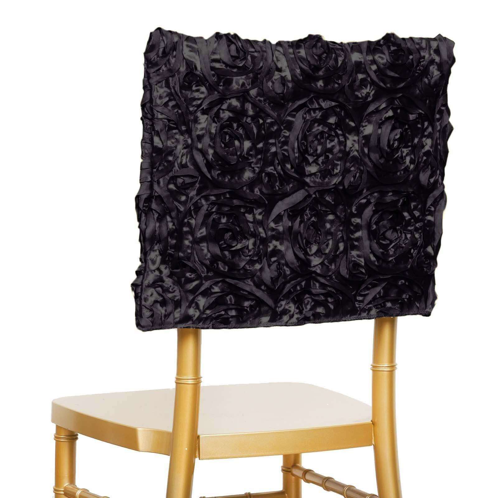 Satin 16" Chair Caps with Rosette Design for Chiavari Chairs Black - Exquisite Chair Back Cover for Weddings & Parties