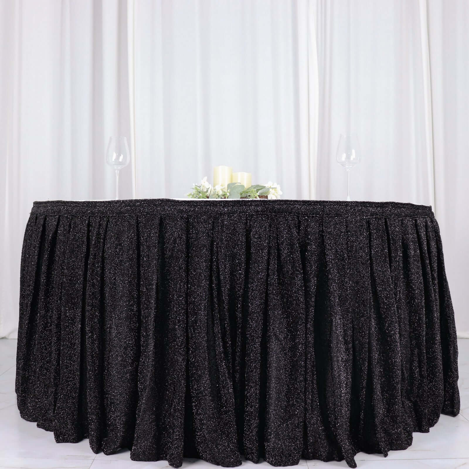 Spandex 17ft Table Skirt Black Pleated Metallic Shimmer Tinsel with Top Velcro Strip Table Cover