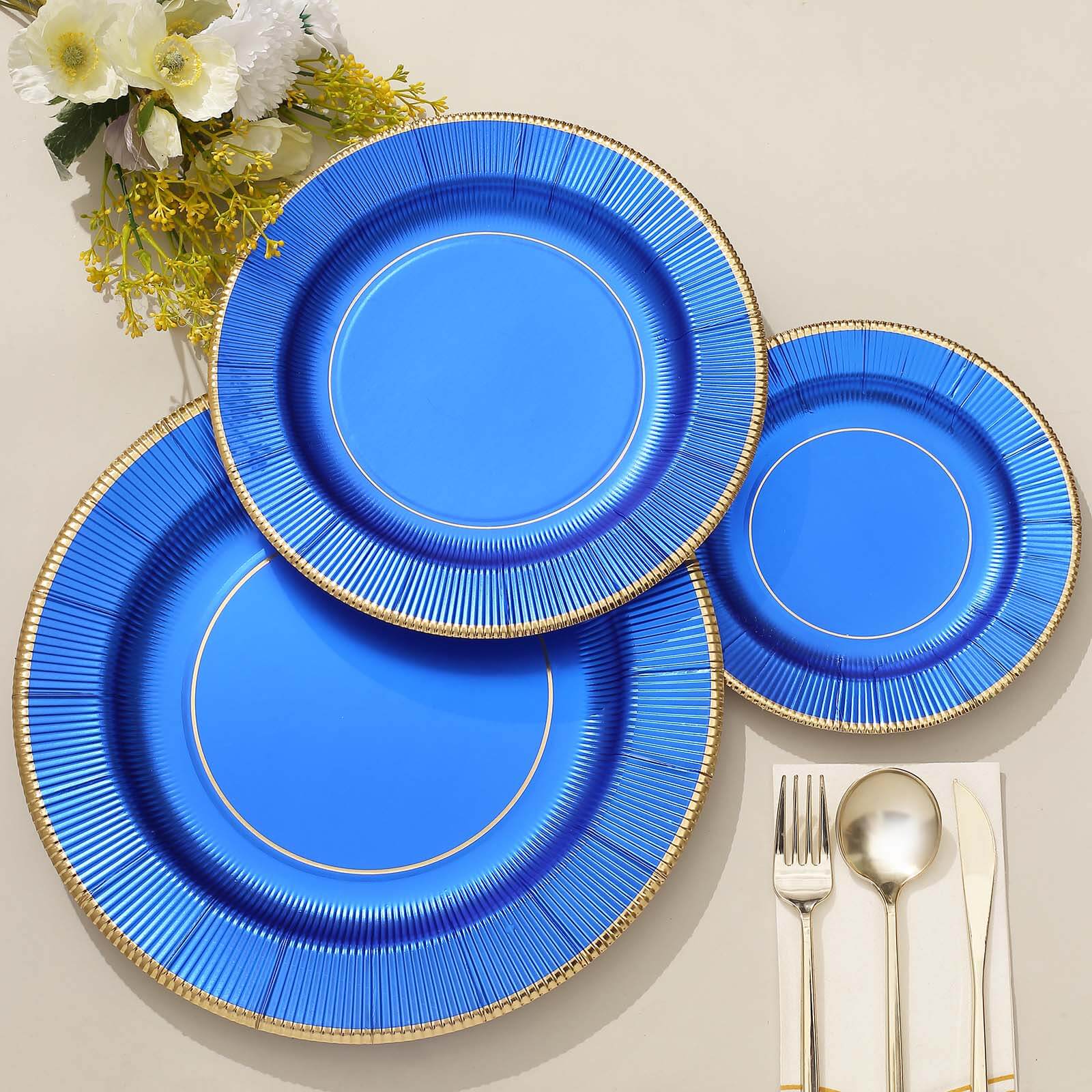 25-Pack Disposable Round Charger Plates in Royal Blue Sunray Design with Gold Rim - 350GSM Heavy Duty Paper Chargers 13"