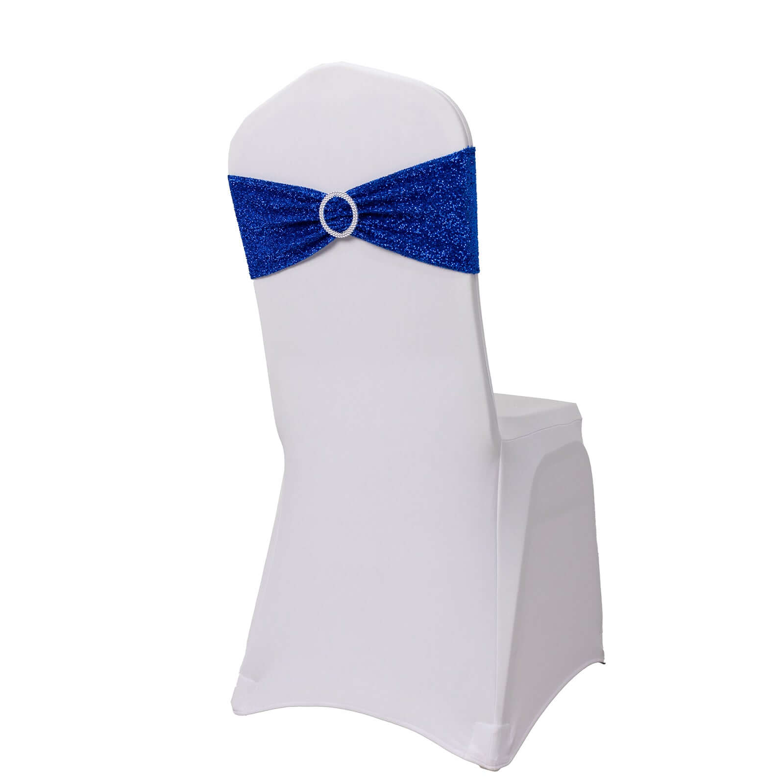 5 Pack Chair Sashes Shimmer Tinsel Spandex 5"x12" with Silver Rhinestone Buckles Royal Blue - Stylish Chair Bands