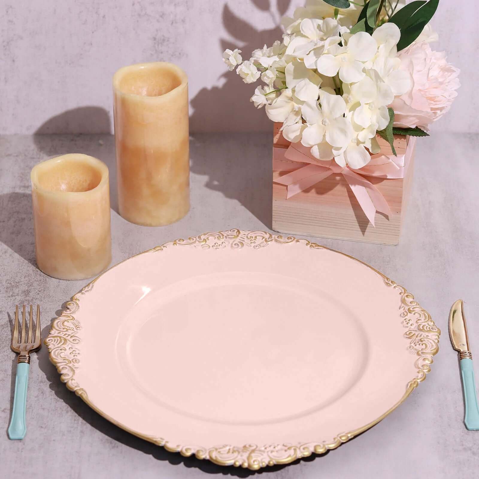 6-Pack Acrylic Round Charger Plates 13" in Blush with Gold Embossed Baroque Rim, Antique Decorative Dinner Party Charger Tableware