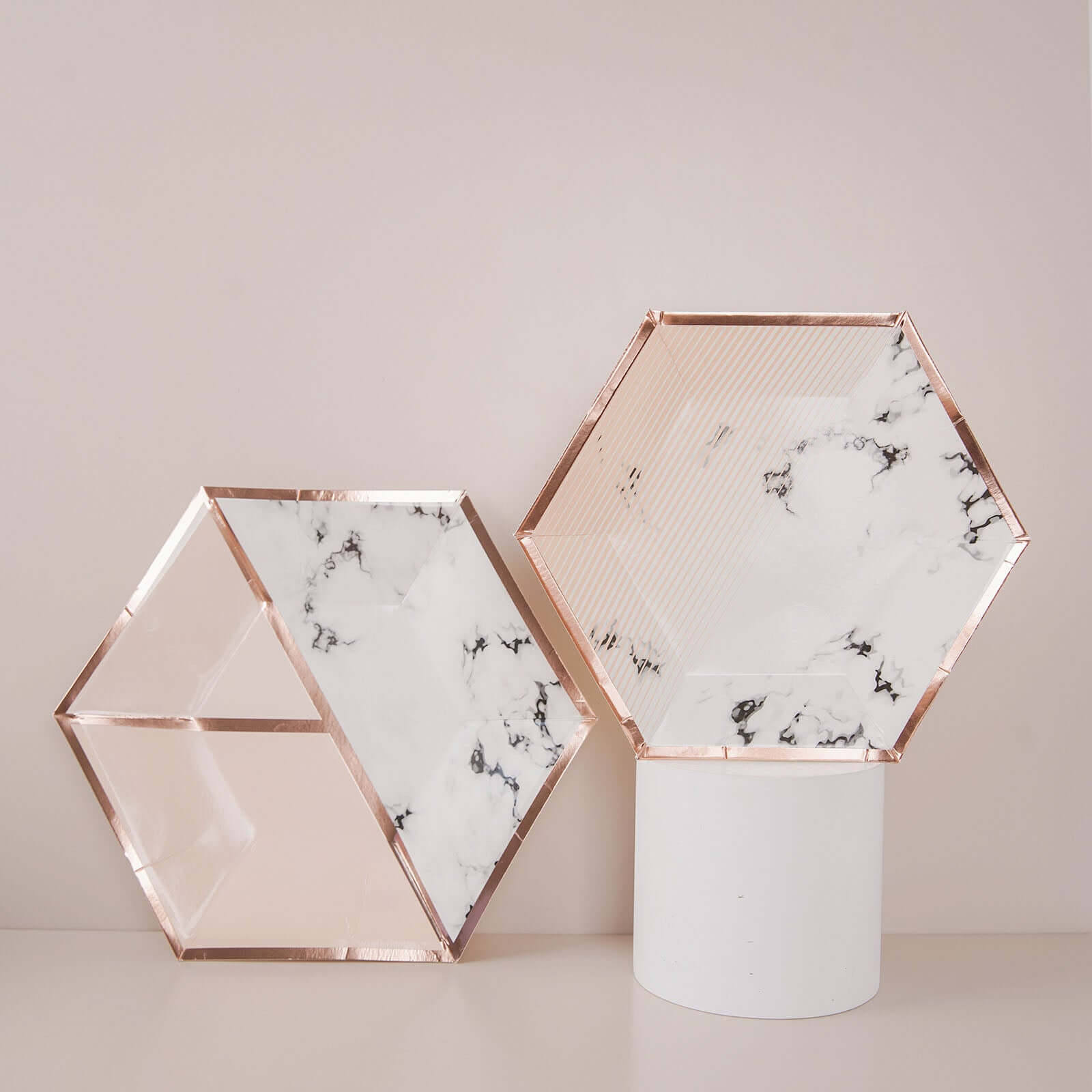 50-Pack Paper Hexagon Dinner and Dessert Plates in Blush with Marble Design & Rose Gold Foil Rim - Chic Disposable Geometric Party Plates Set for 25 Guests 8", 10"