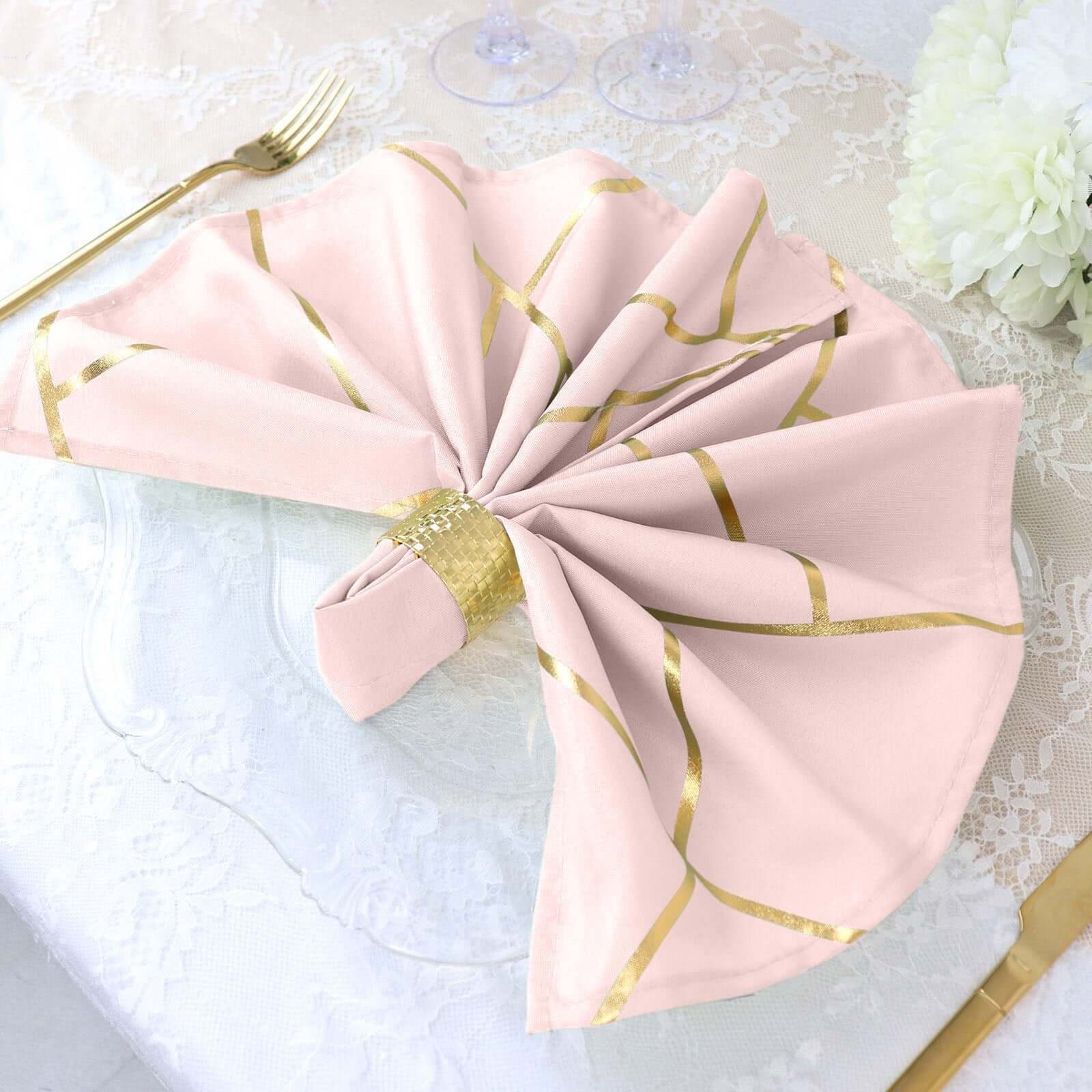 5 Pack Modern Blush and Geometric Gold Cloth Dinner Napkins 20"x20"