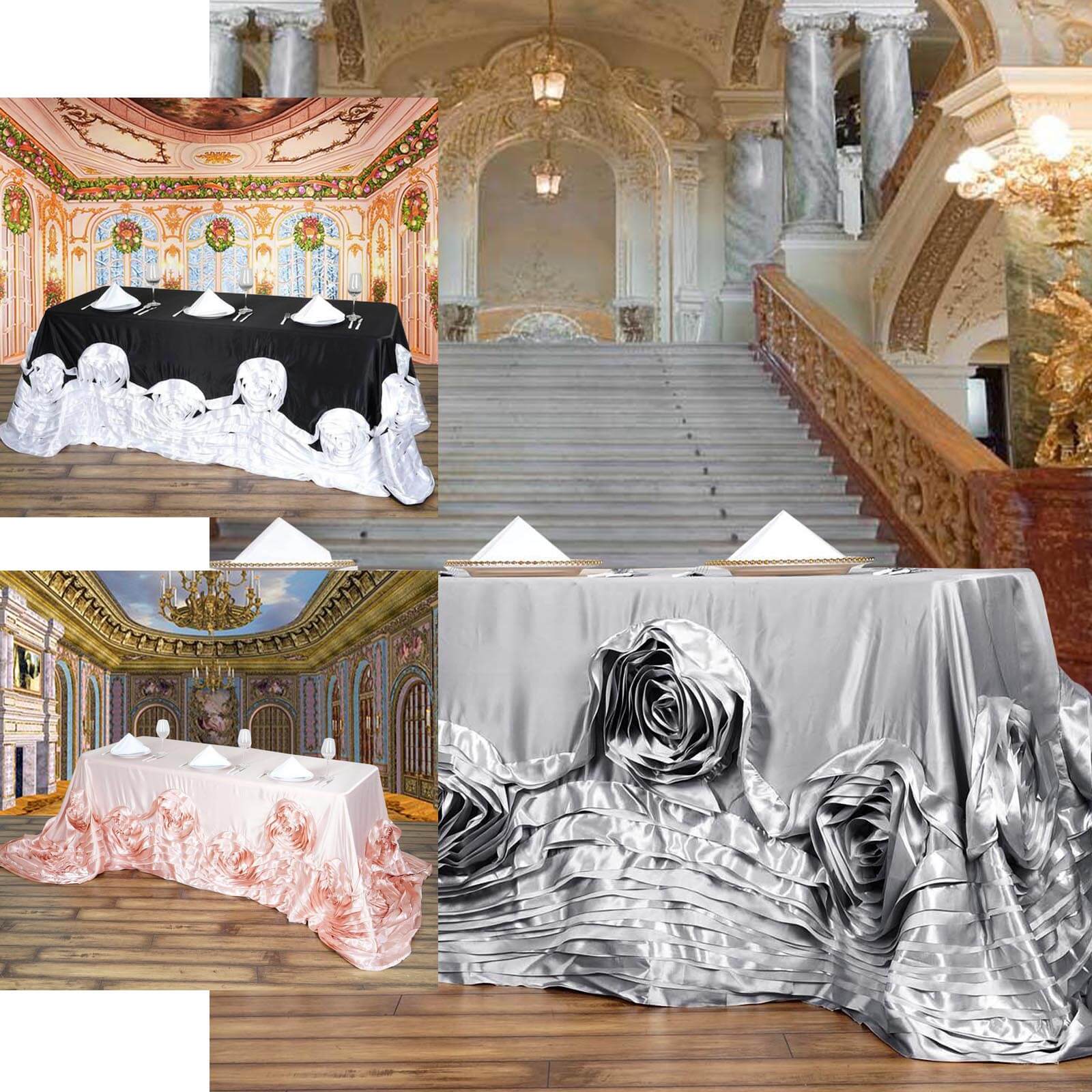 90"x156" Blush Seamless Large Rosette Rectangular Satin Tablecloth for 8 Foot Table With Floor-Length Drop