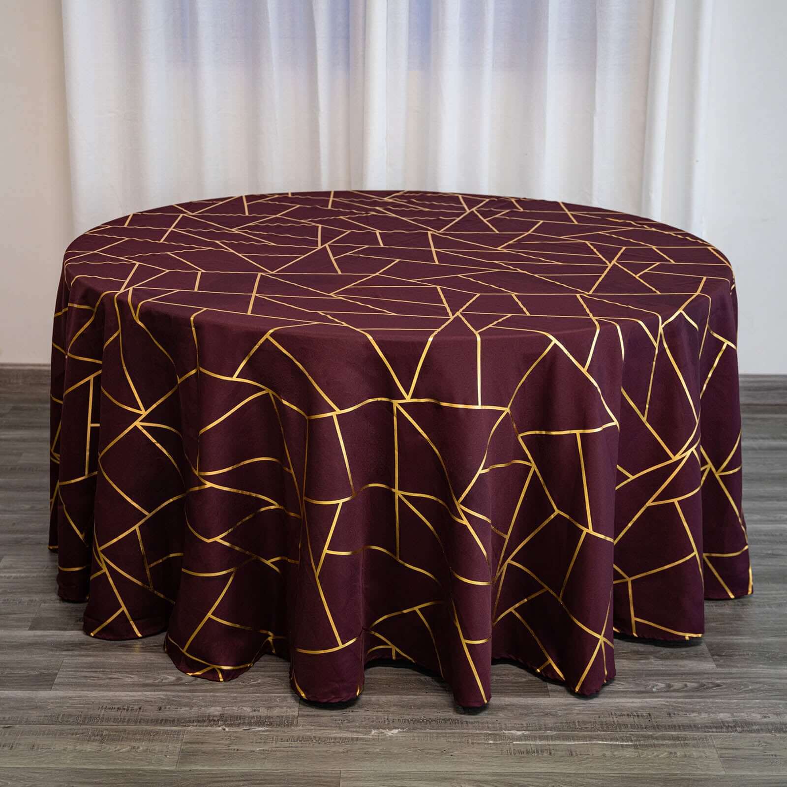 120" Burgundy Seamless Round Polyester Tablecloth With Gold Foil Geometric Pattern for 5 Foot Table With Floor-Length Drop