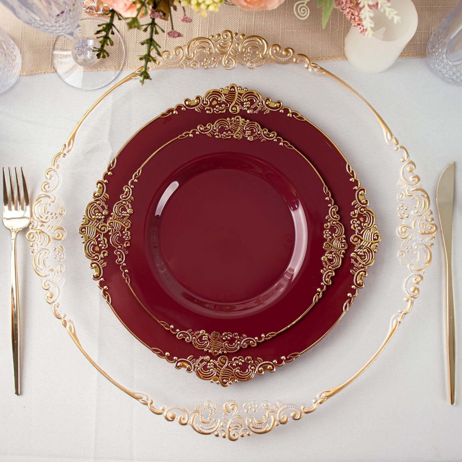 10-Pack Plastic 8" Round Dessert Plates in Burgundy with Gold Leaf Embossed Rim - Disposable Vintage Baroque Style Salad Plates for Luxurious Gatherings & Events