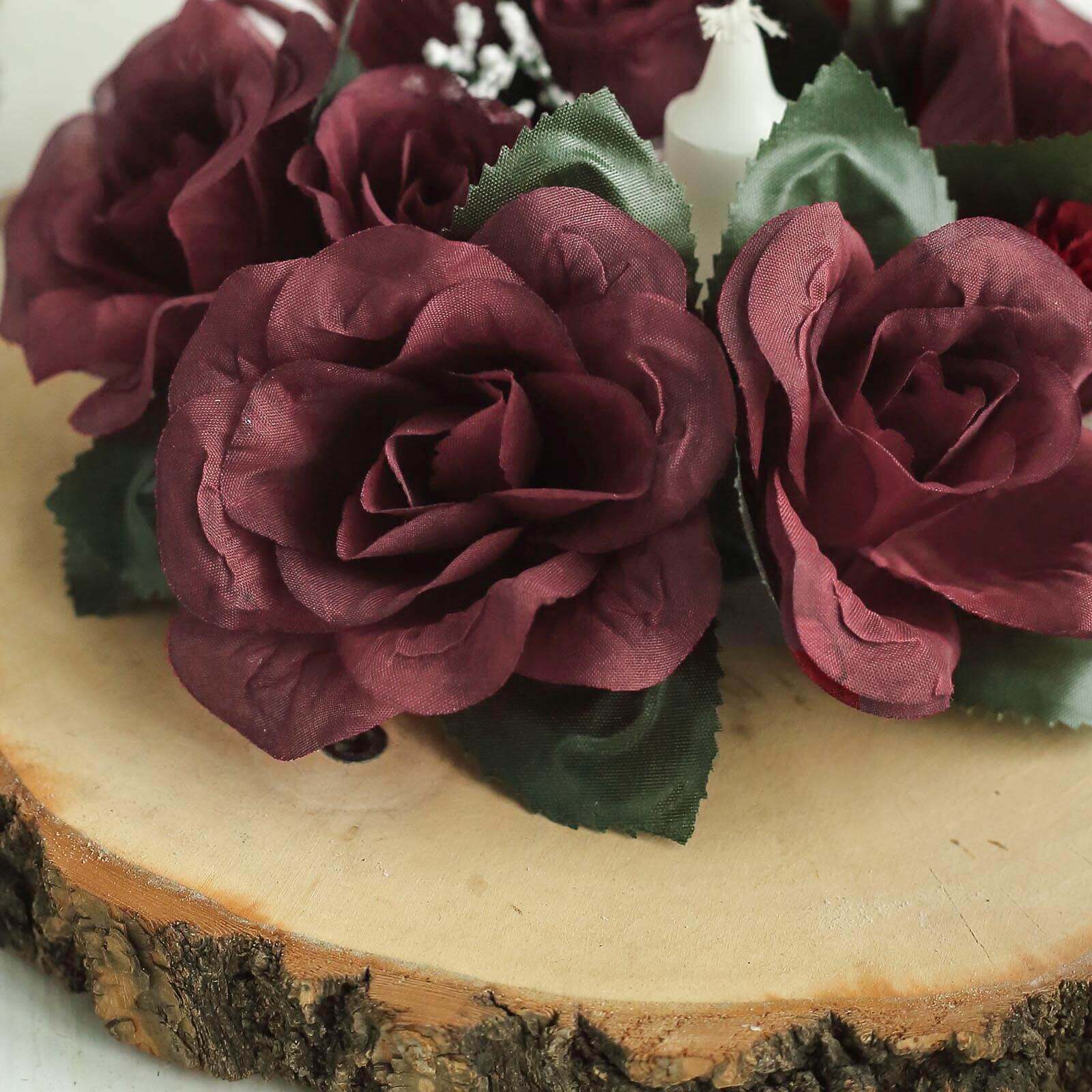 4 Pack 3" Burgundy Artificial Silk Rose Flower Candle Ring Wreaths