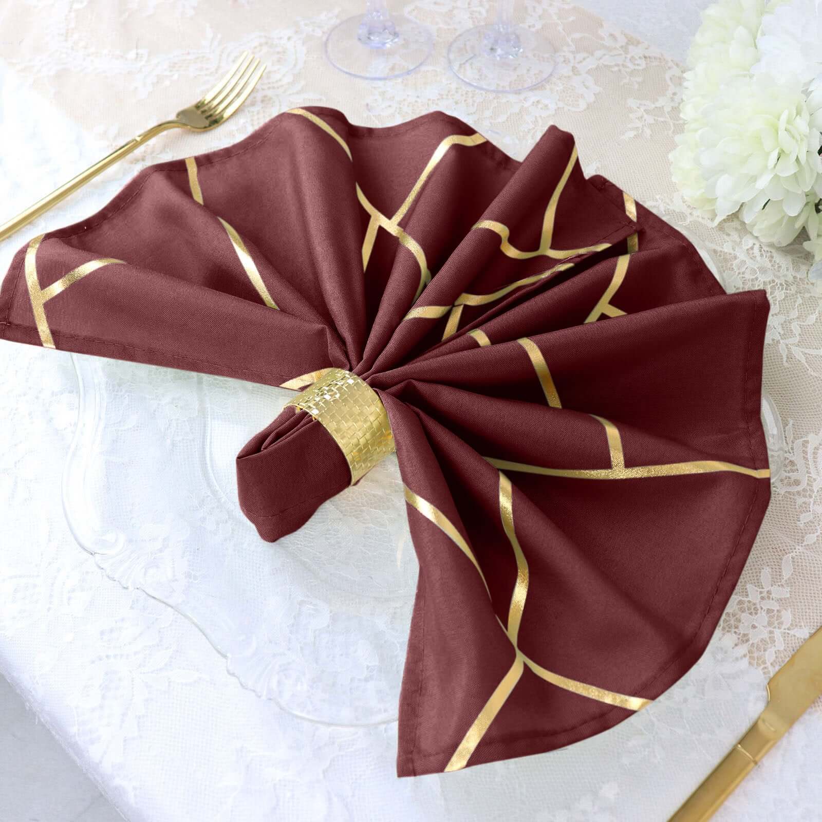 5 Pack Modern Burgundy and Geometric Gold Cloth Dinner Napkins 20"x20"