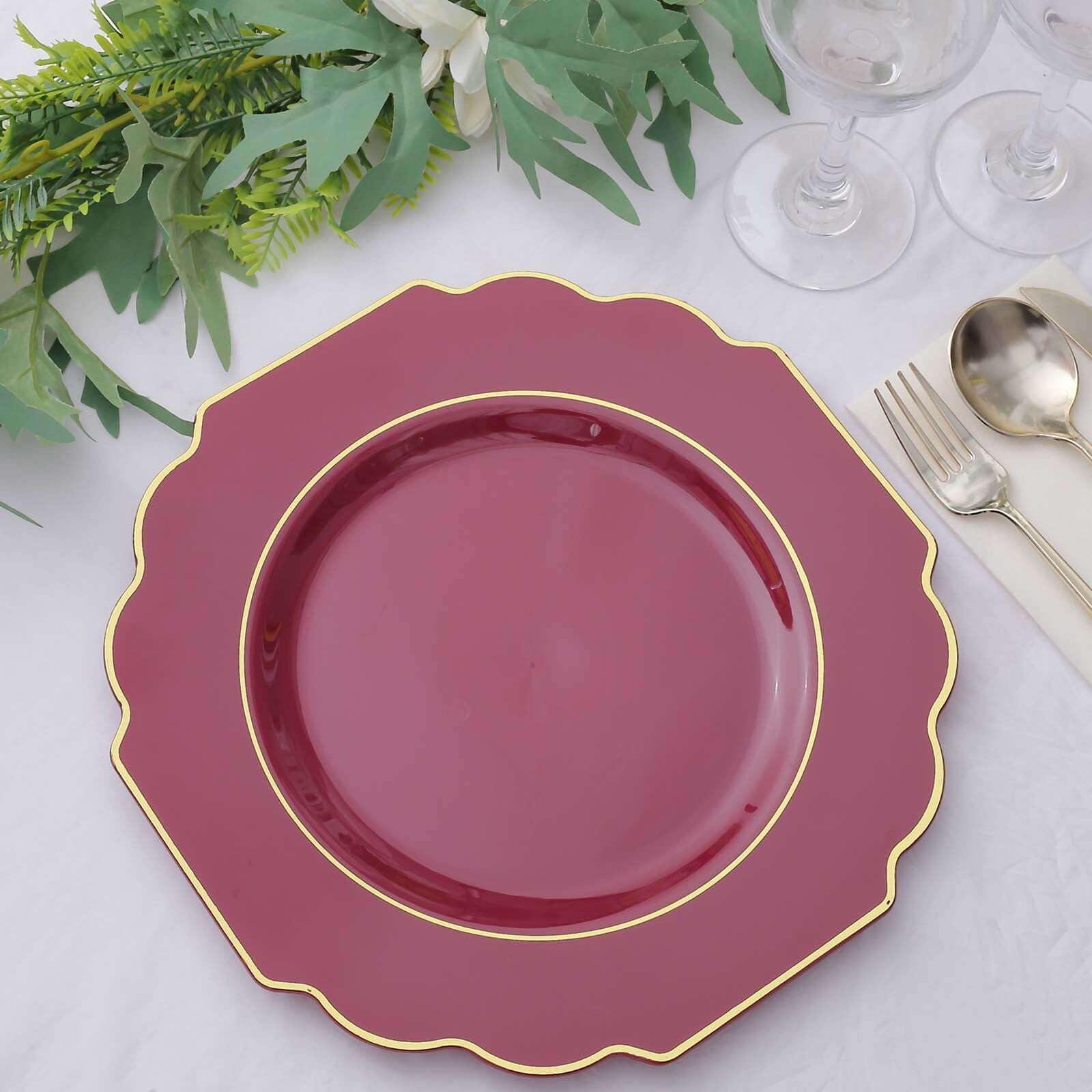 10-Pack Plastic Dinner Plates in Burgundy Baroque Design with Scalloped Gold Rim - Heavy Duty Disposable Party Plates 11"