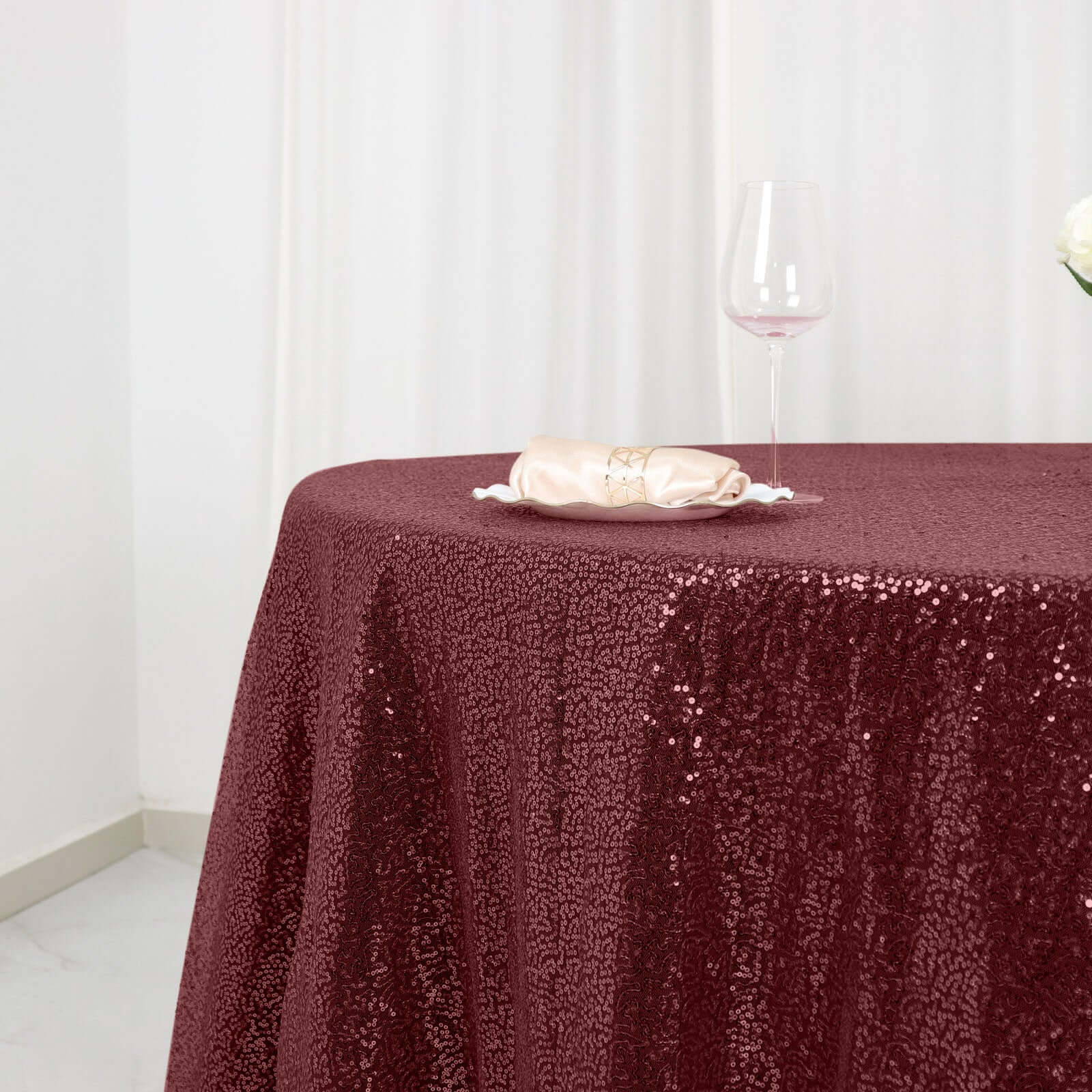 Sequin 120" Round Tablecloth Burgundy - Seamless Glittering Table Cover