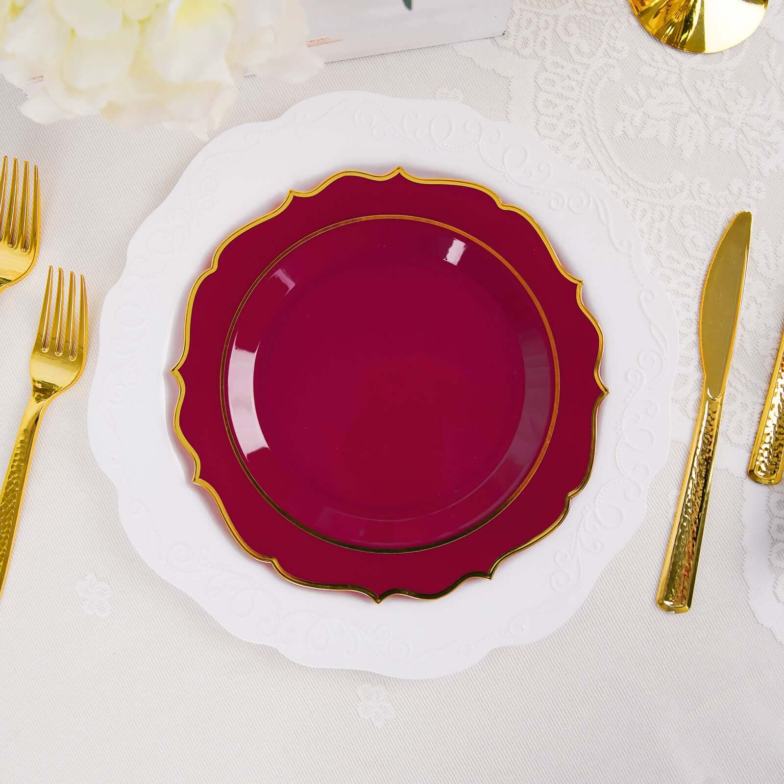 10-Pack Plastic 8" Round Desert Plates in Burgundy with Gold Scalloped Rim - Disposable Appetizer/Salad Plates