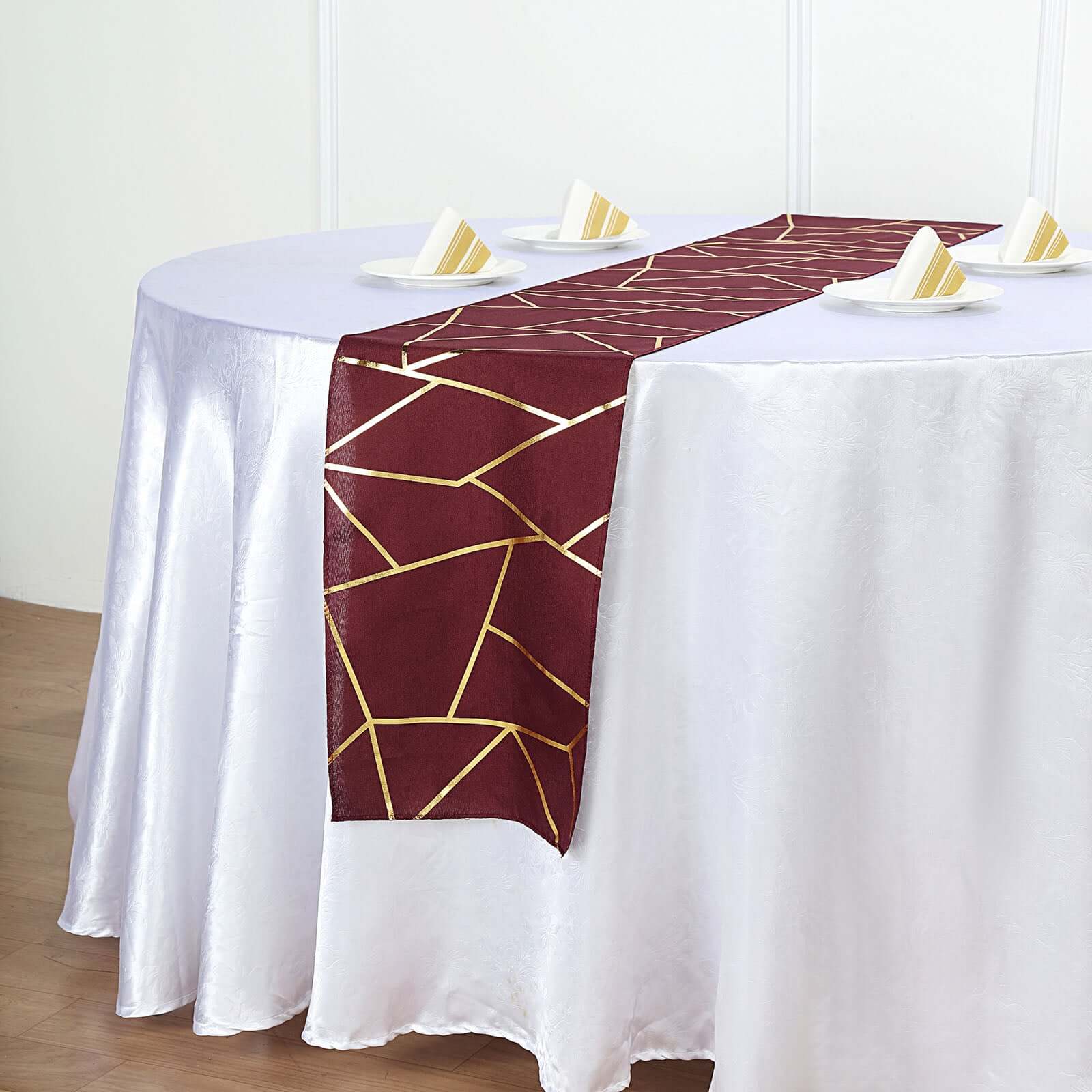 Polyester 9ft Table Runner Burgundy with Gold Foil Modern Geometric Accent
