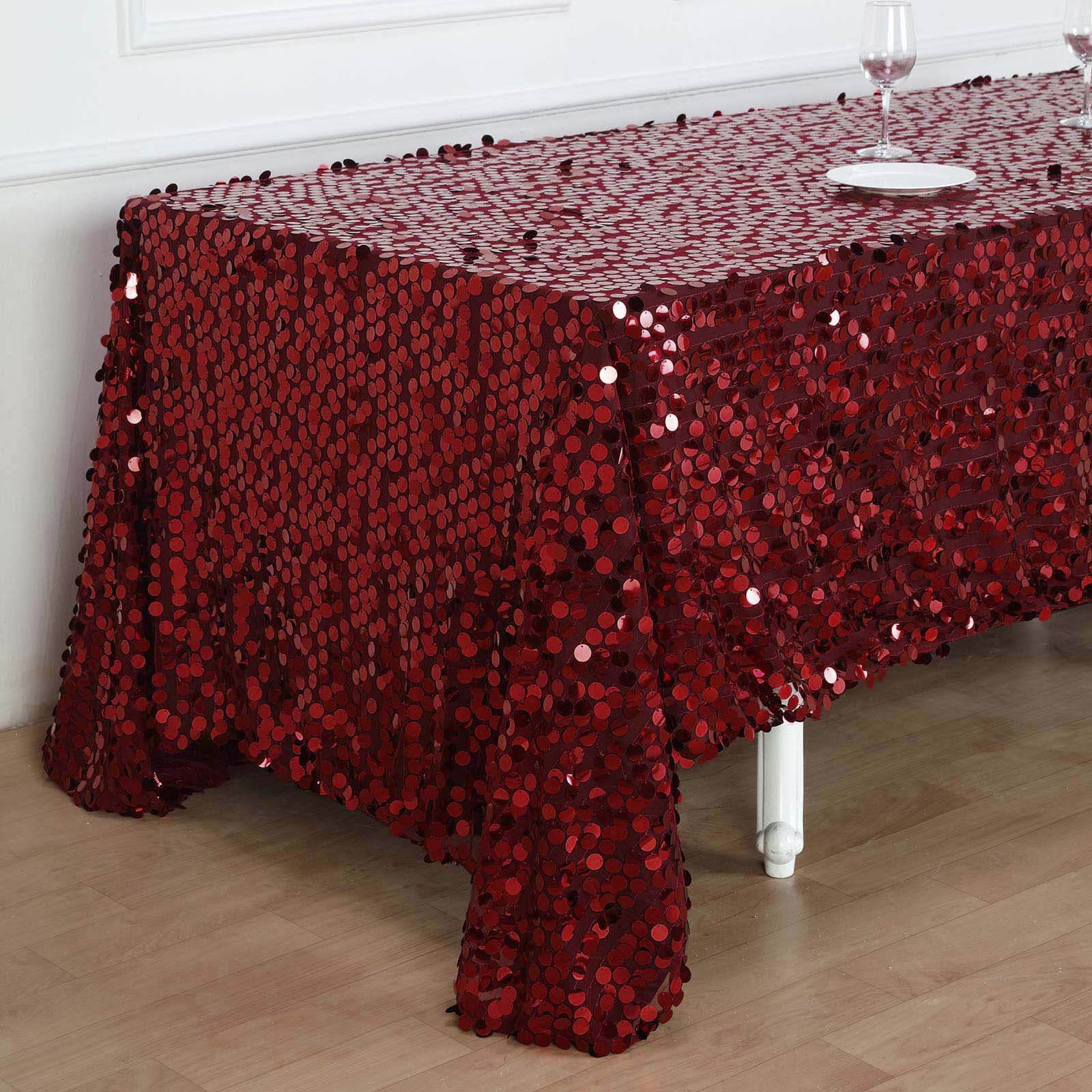Sequin 90"x132" Rectangle Tablecloth Burgundy - Seamless Big Payette Design for Sophisticated Occasions