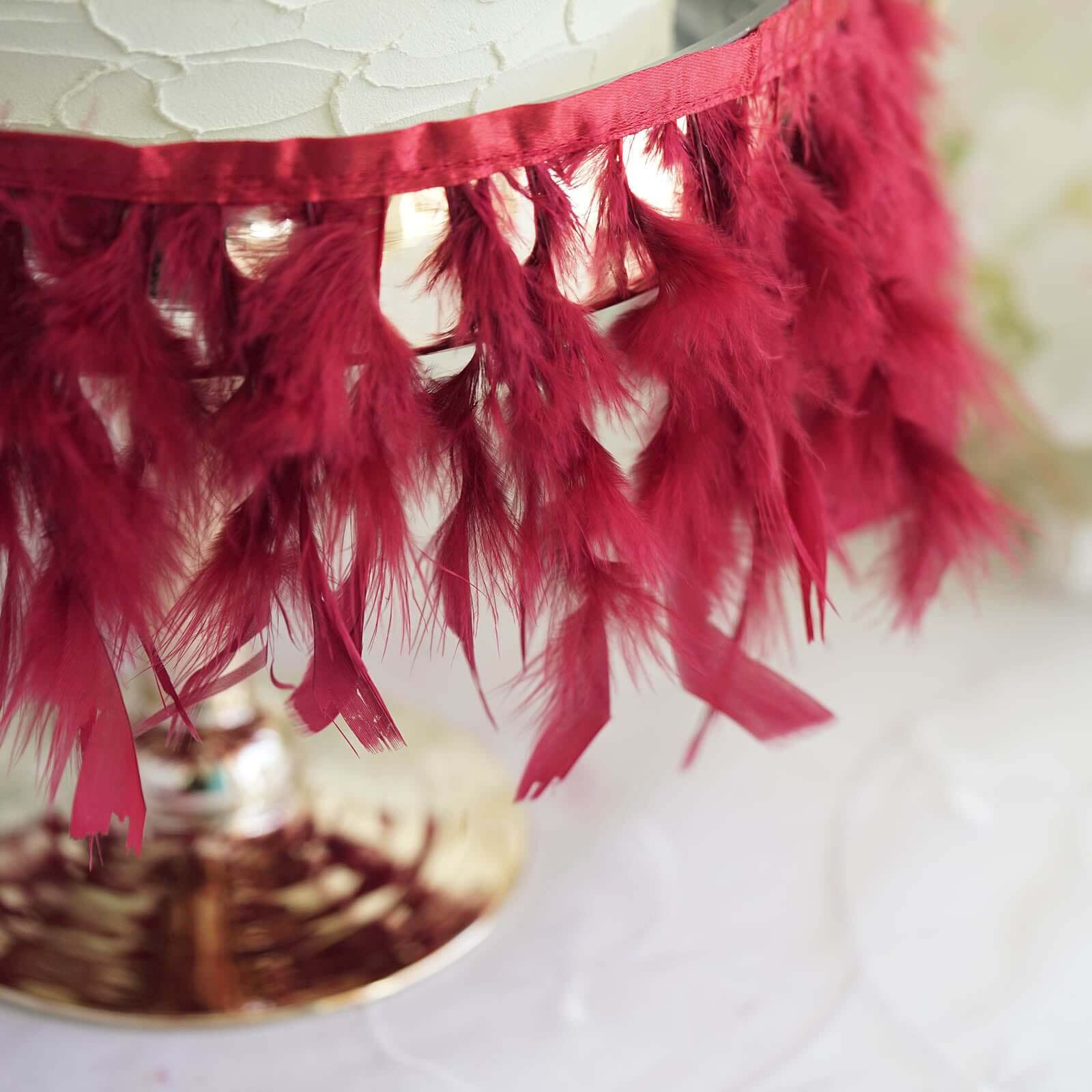 39" Burgundy Real Turkey Feather Fringe Trim With Satin Ribbon Tape