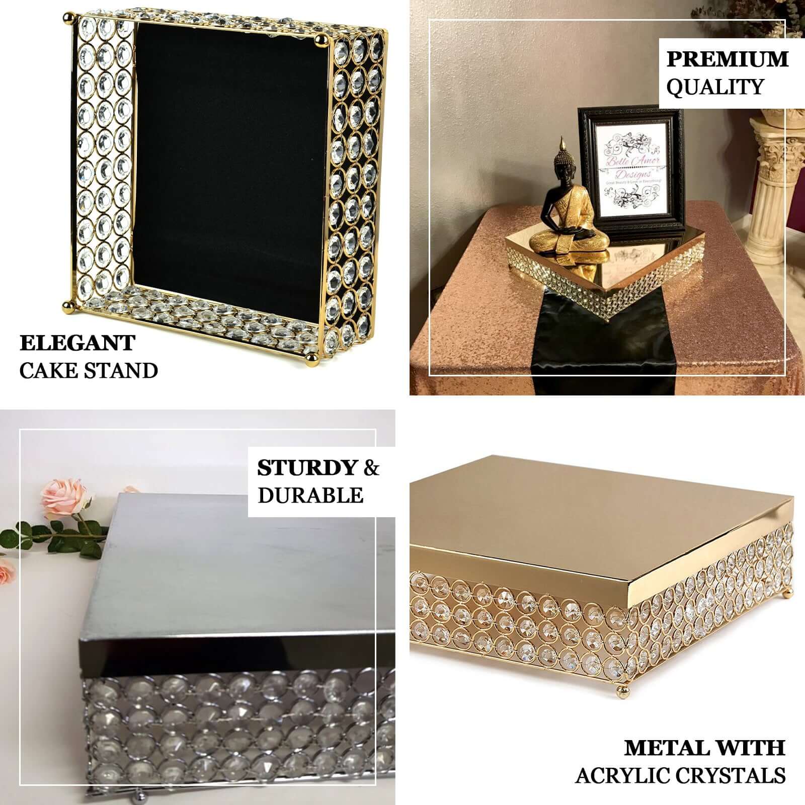 Metal Cake Stand Square Design with Crystal Beads Silver - Dessert Pedestal for Events 16"
