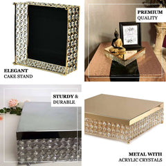Metal Cake Stand Square Design with Crystal Beads Silver - Dessert Pedestal for Events 16"