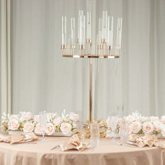 Metal 9-Arm Round Cluster Taper Candelabra Table Centerpiece Gold - Candlestick Holder Table Centerpiece With Drip Accents and Clear Glass Shades 40"