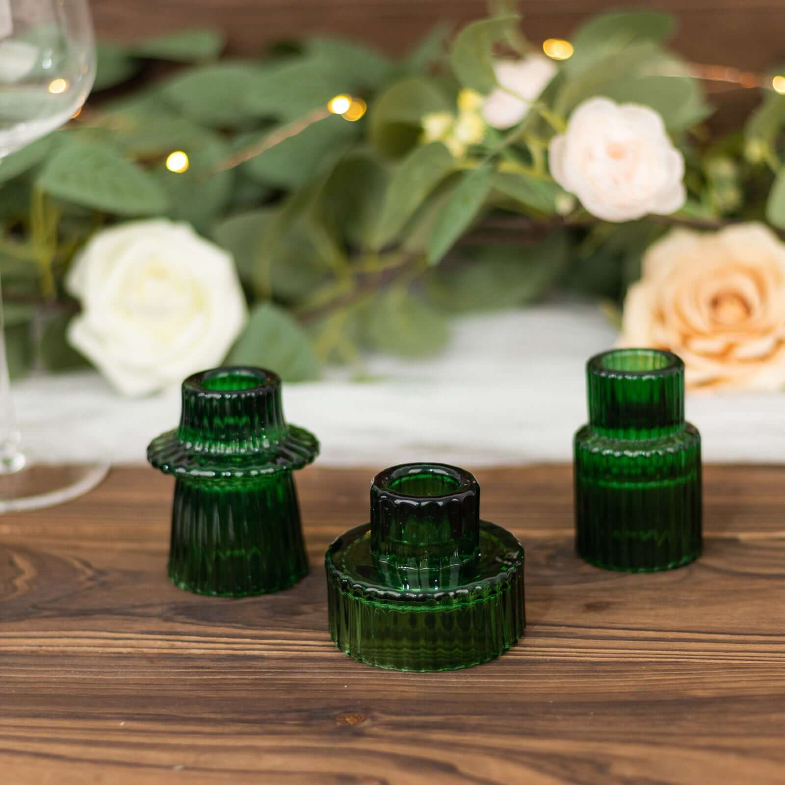 Set of 6 Glass Taper Candle Holders Ribbed Crystal Design Hunter Emerald Green - Reversible Mini Votive Tealight Stands 3"