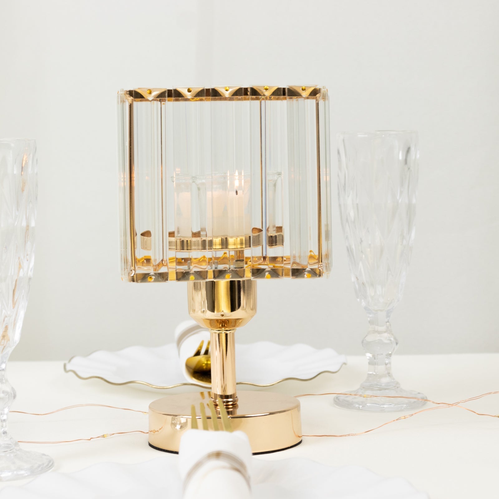 2 Pack 9" Crystal Pendant Hurricane Candle Holders in Gold, Elegant Square Design for Pillar Candles, Decorative Table Centerpieces