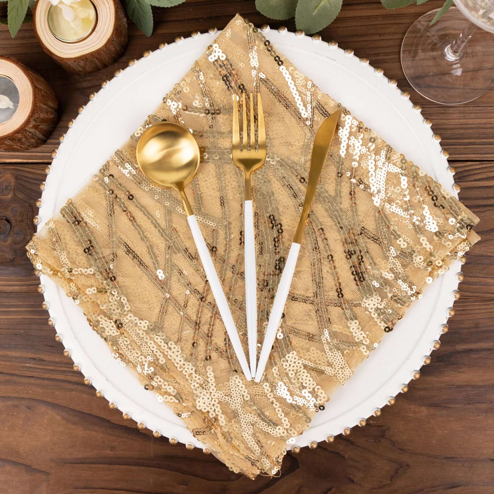 Sequin Mesh 20"x20" Napkin Champagne - Wave Embroidered Reusable Napkin
