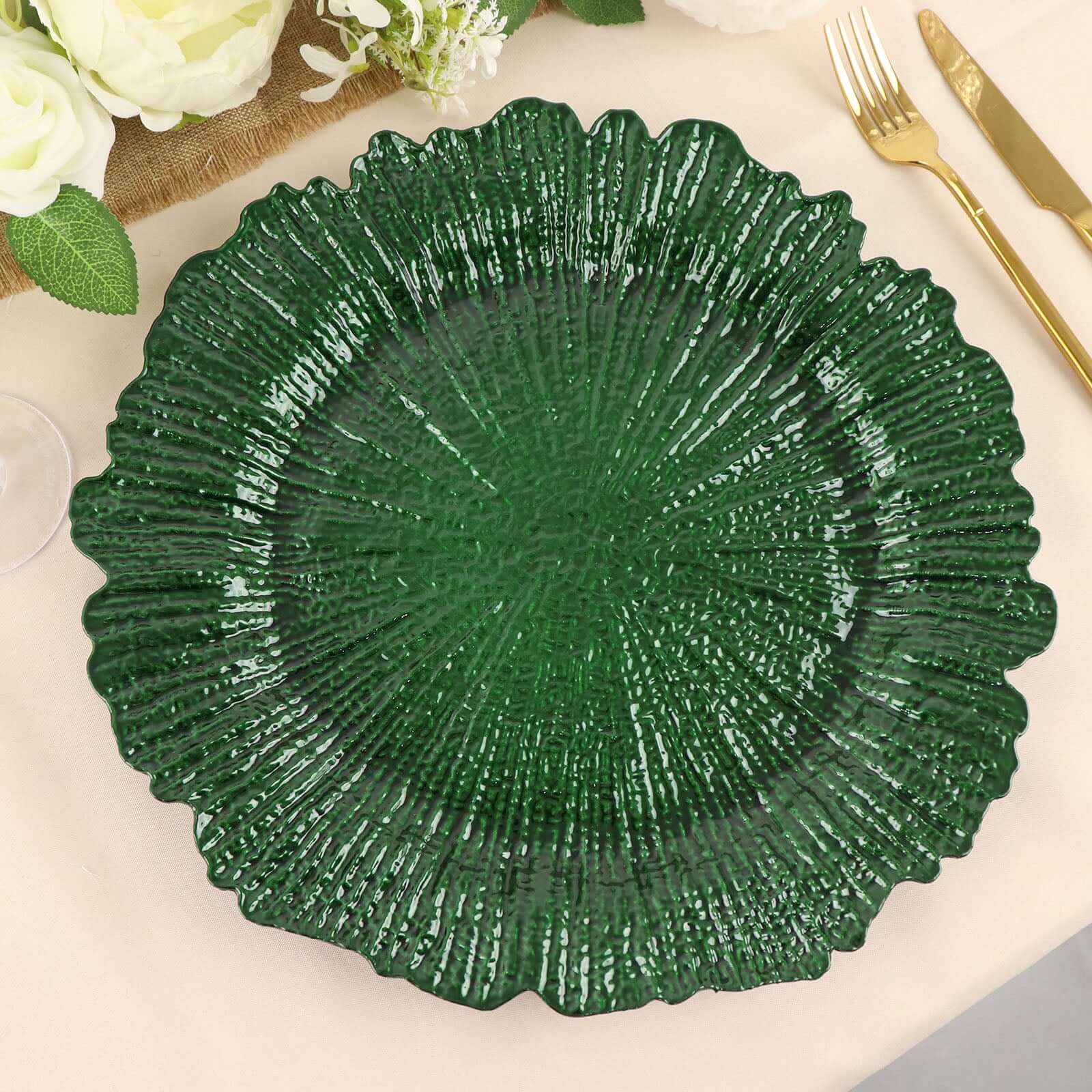 6-Pack Acrylic Plastic Round Charger Plates 13" in Hunter Emerald Green with Reef Design, Dinner Charger Tableware