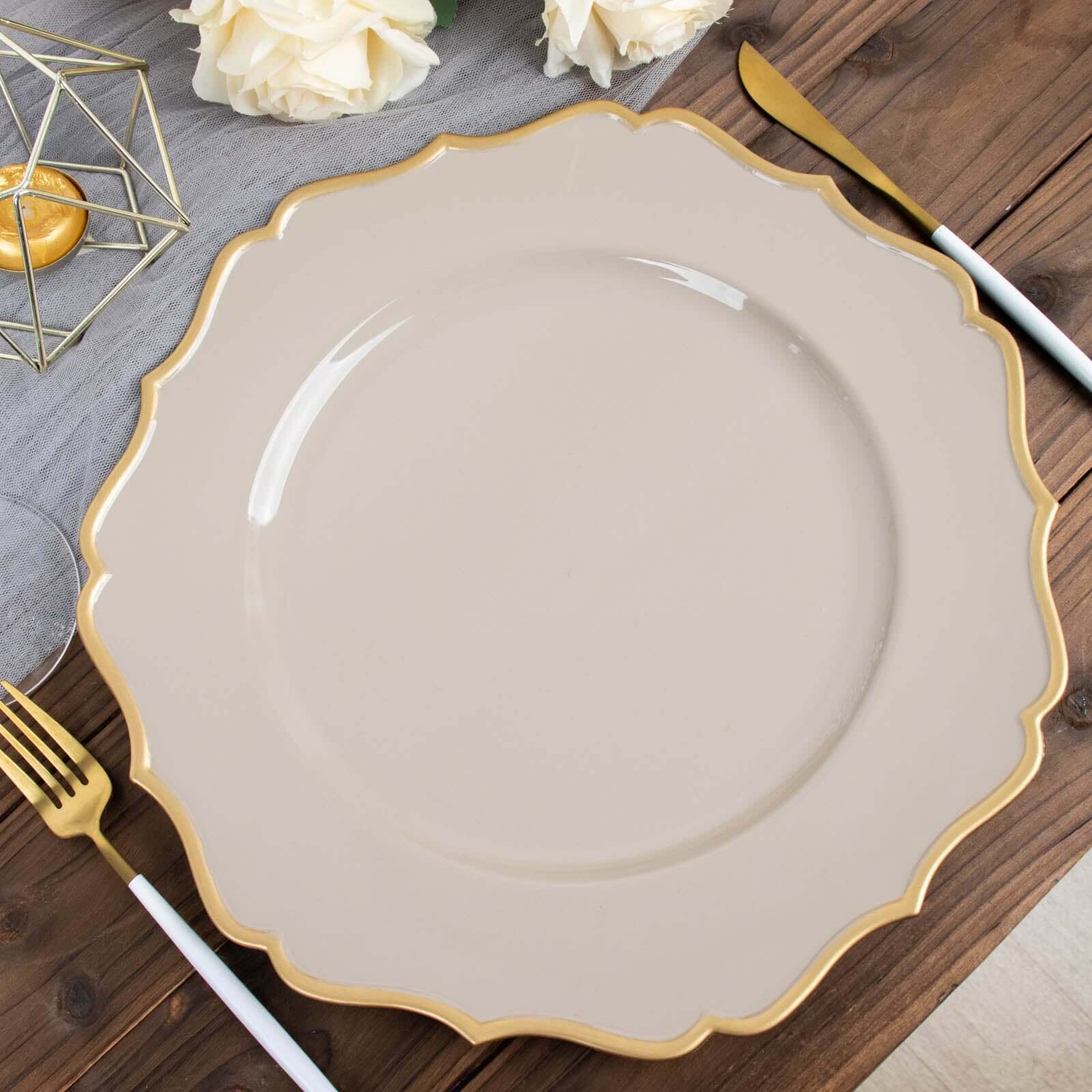 6-Pack Acrylic Round Charger Plates 13" in Taupe with Gold Scalloped Rim, Decorative Dinner Party Plastic Charger Tableware