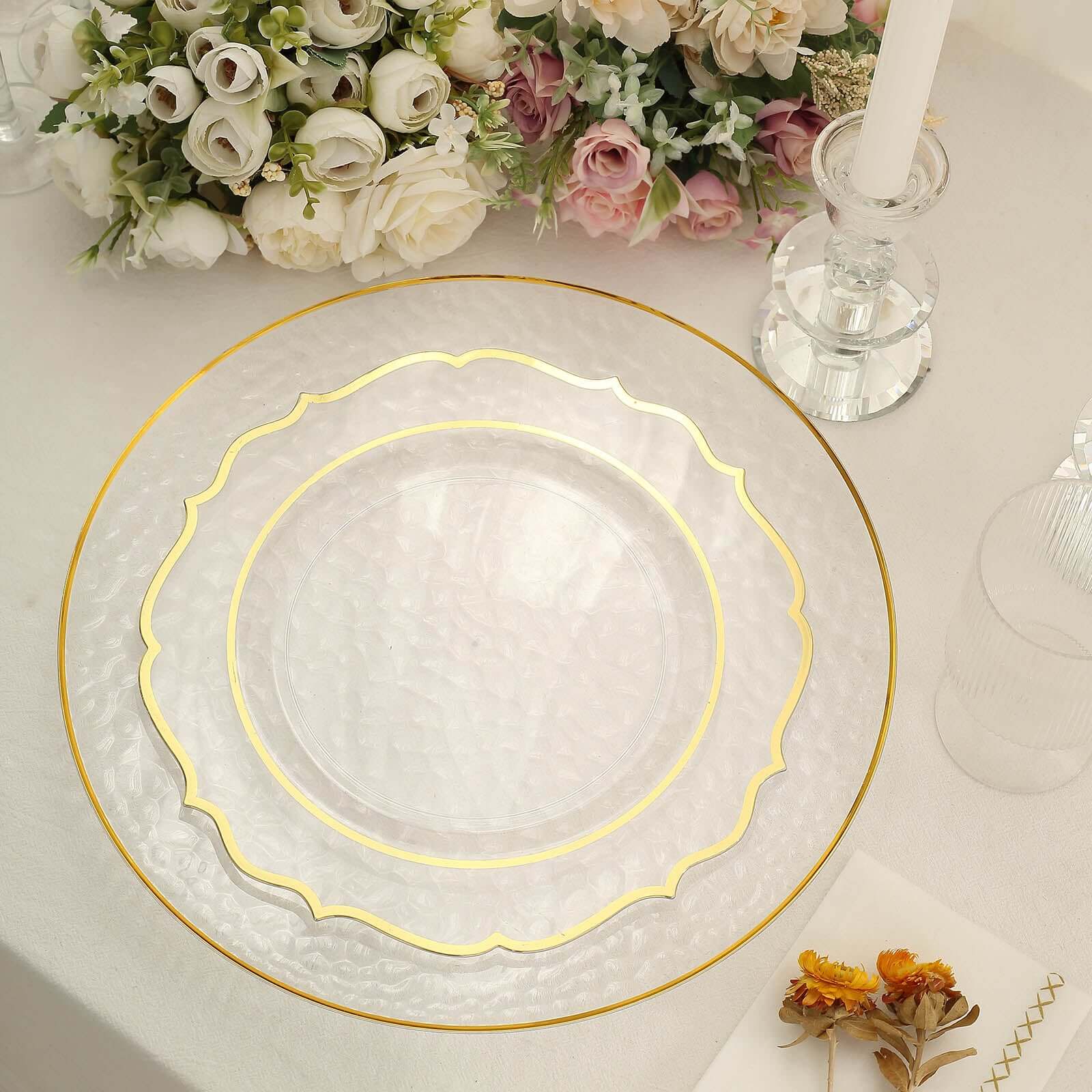 6-Pack Economy Plastic Round Charger Plates 13" in Clear Hammered Design with Gold Rim, Decorative Dinner Party Serving Plates