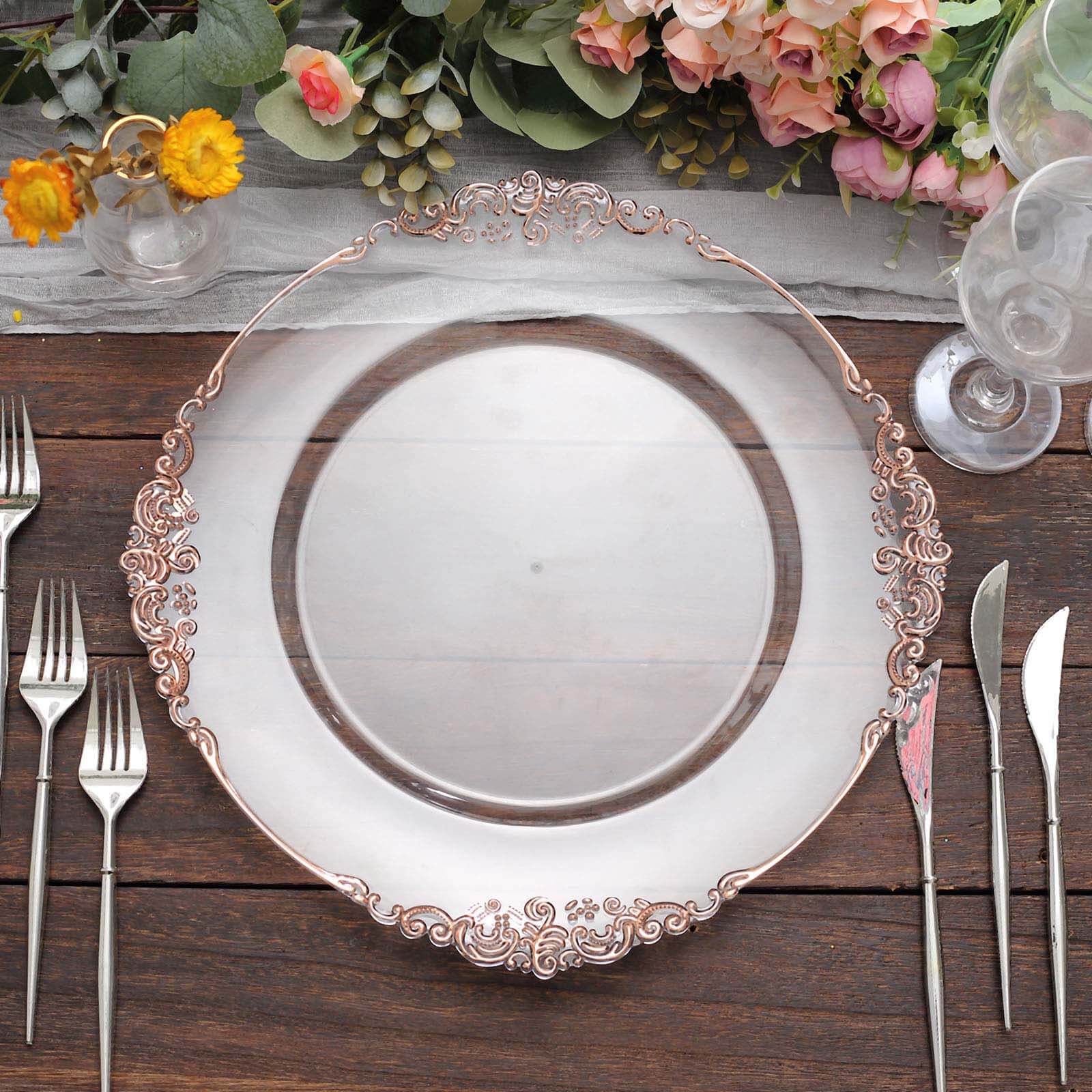 6-Pack Acrylic Round Charger Plates 13" in Clear with Rose Gold Embossed Baroque Rim, Antique Decorative Dinner Party Charger Tableware