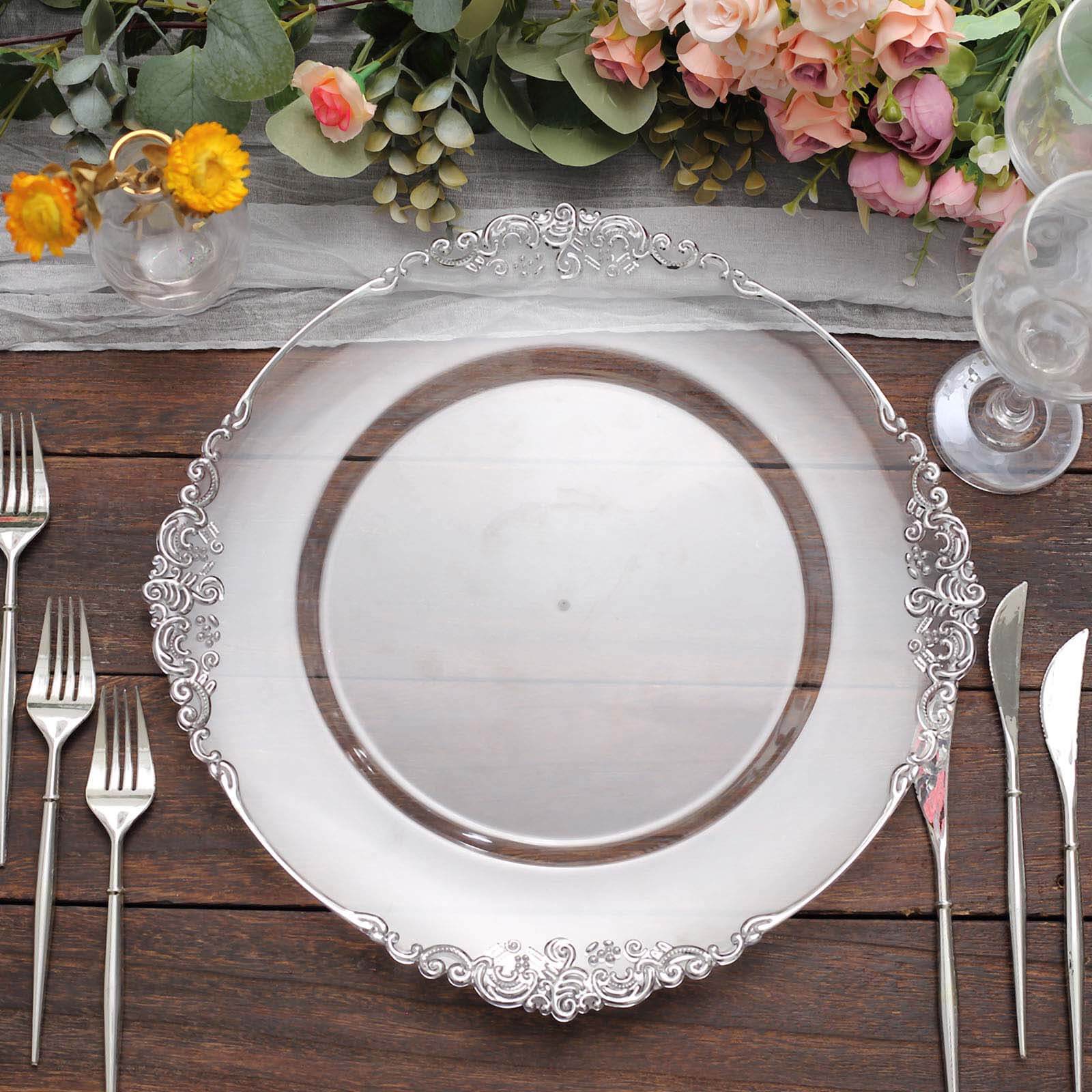 6-Pack Acrylic Round Charger Plates 13" in Clear with Silver Embossed Baroque Rim, Antique Decorative Dinner Party Charger Tableware