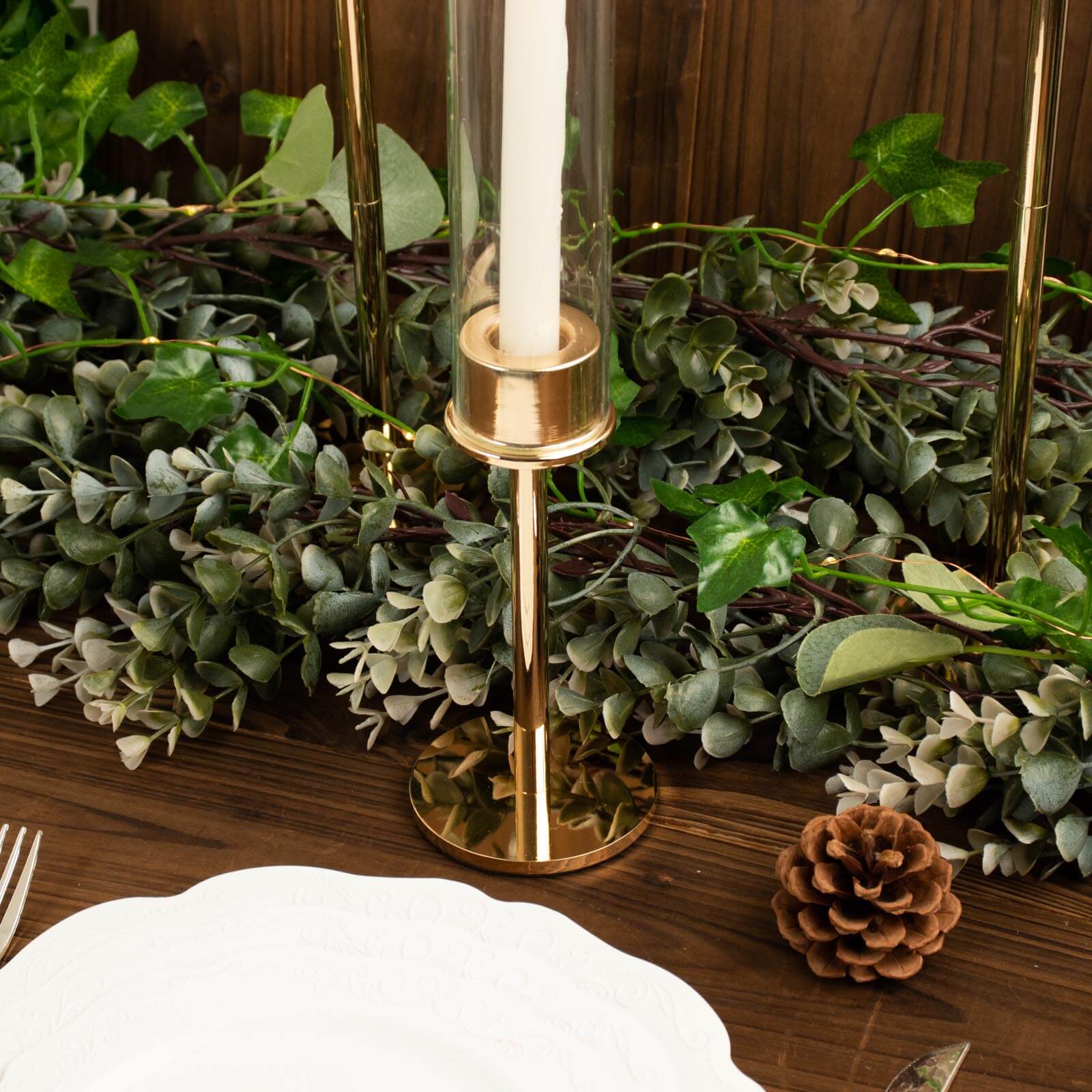 Set of 3 Tall Gold Metal Taper Candlestick Holders, Clear Glass Hurricane Candle Stands With Chimney Candle Shades 16", 20", 24"
