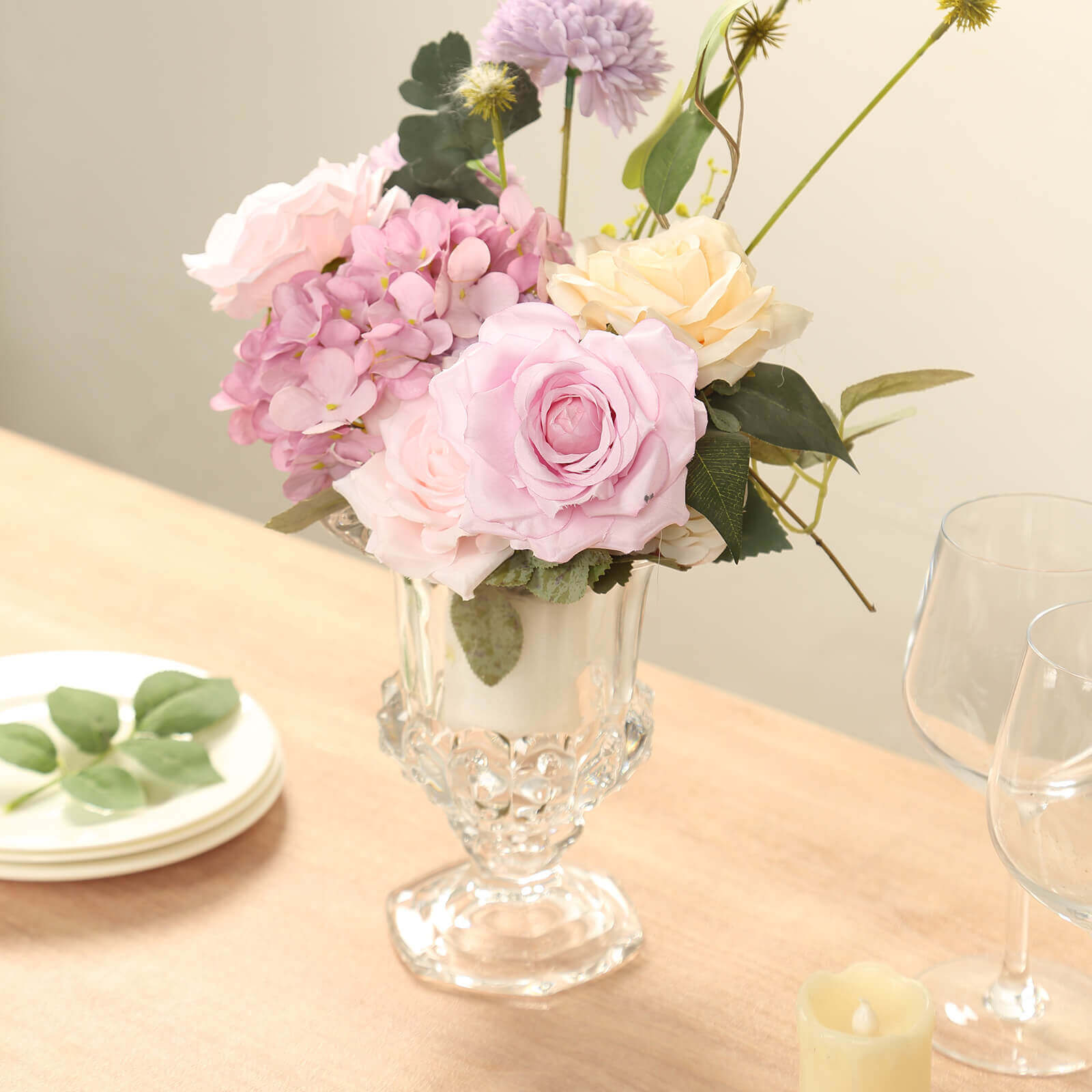 2-Pack Glass Mini Pedestal Flower Vases in Classic Roman Urn Style Clear - Sophisticated Wedding Table Centerpieces 6"