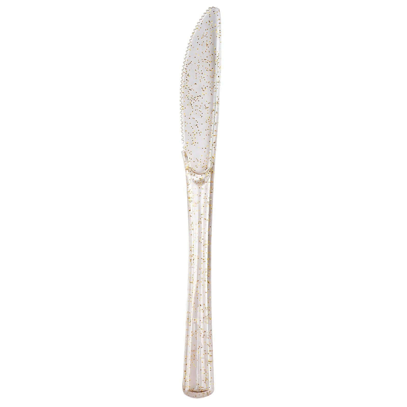 25-Pack Plastic Knives Clear Gold Glitter Classic Heavy Duty - Decorative Disposable Cutlery 7"