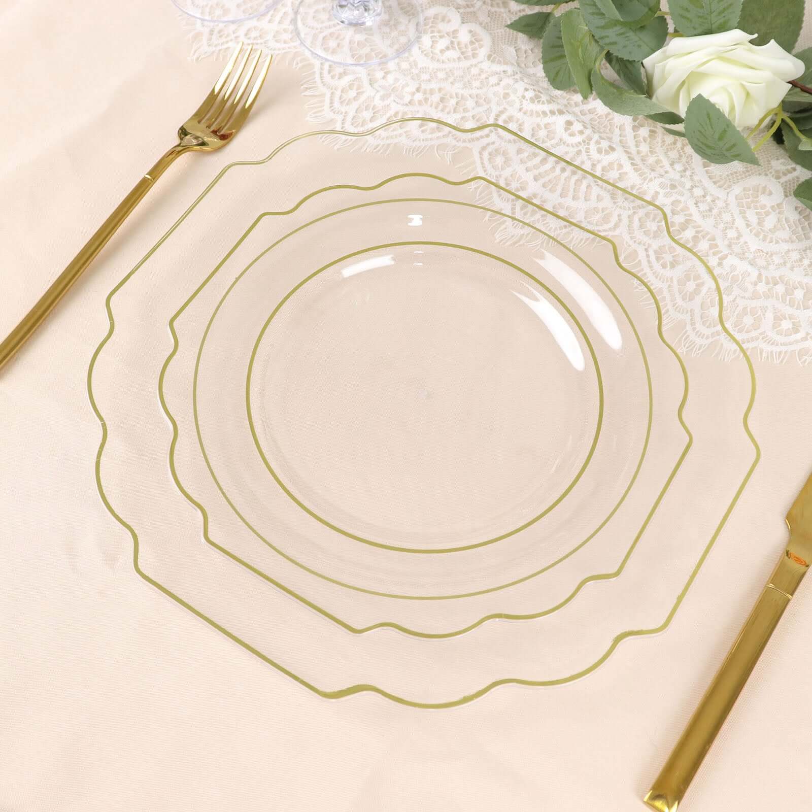 10-Pack Plastic Dessert Appetizer Plates in Clear Baroque Design with Scalloped Gold Rim - Heavy Duty Disposable Salad Plates 8"