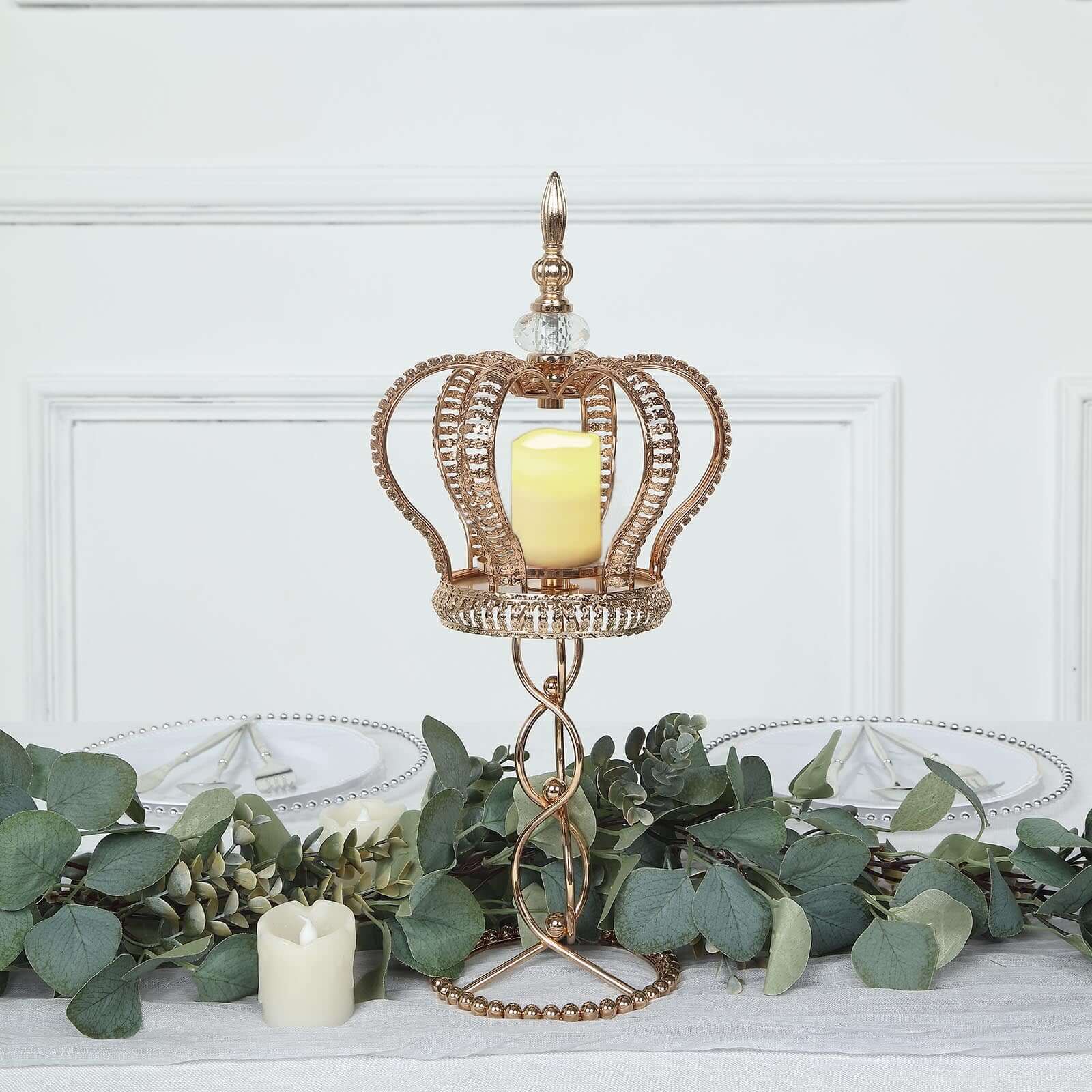 Metal Crown Spiral Pillar Candle Holder Stand Gold - Jeweled Votive Candle Centerpiece 18"