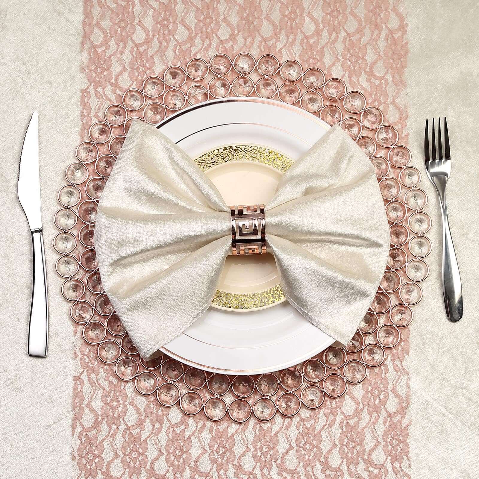 Wired Metal Round Charger Plate 14" in Rose Gold with Acrylic Crystal Beads, Glamorous Decorative Dinner Charger Tableware