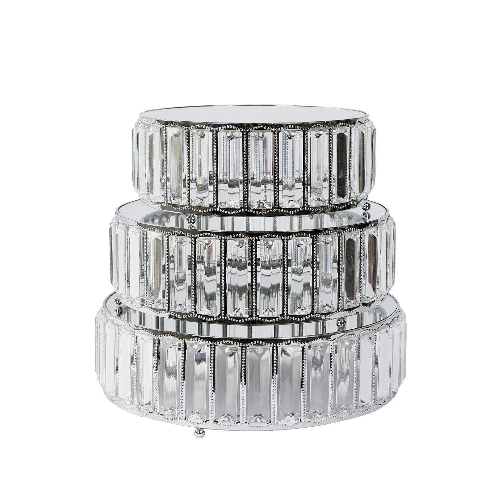 Set of 3 Silver Metal Crystal Pendant Cake Stands with Mirror Top, Stackable Round Dessert Display Trays - 9",11",12"