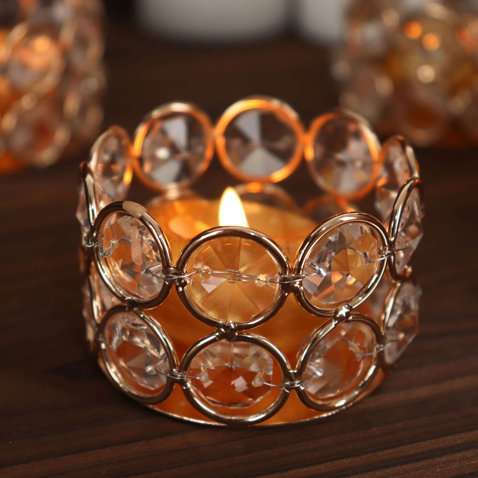 6-Pack Crystal Beaded Tea Light Candle Holders Gold Metal 1.5" - Stylish Votive Candle Stands for Weddings