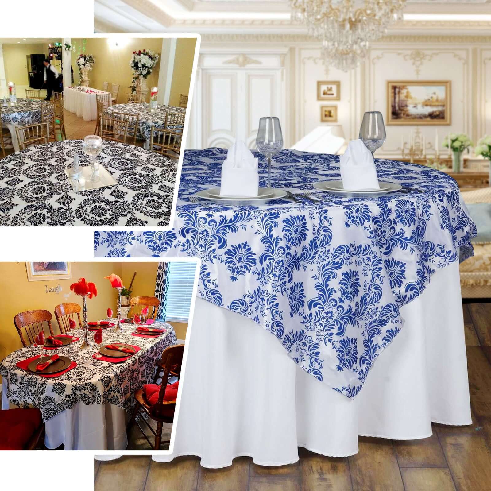Flocking 90"x90" Table Overlay Square Tablecloth Black - Damask Design for Sophisticated Occasions