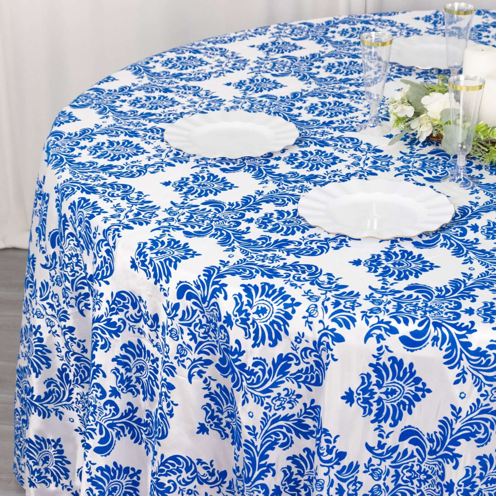 Taffeta 120" Round Tablecloth Royal Blue - Seamless Velvet Flocking Damask Table Cover