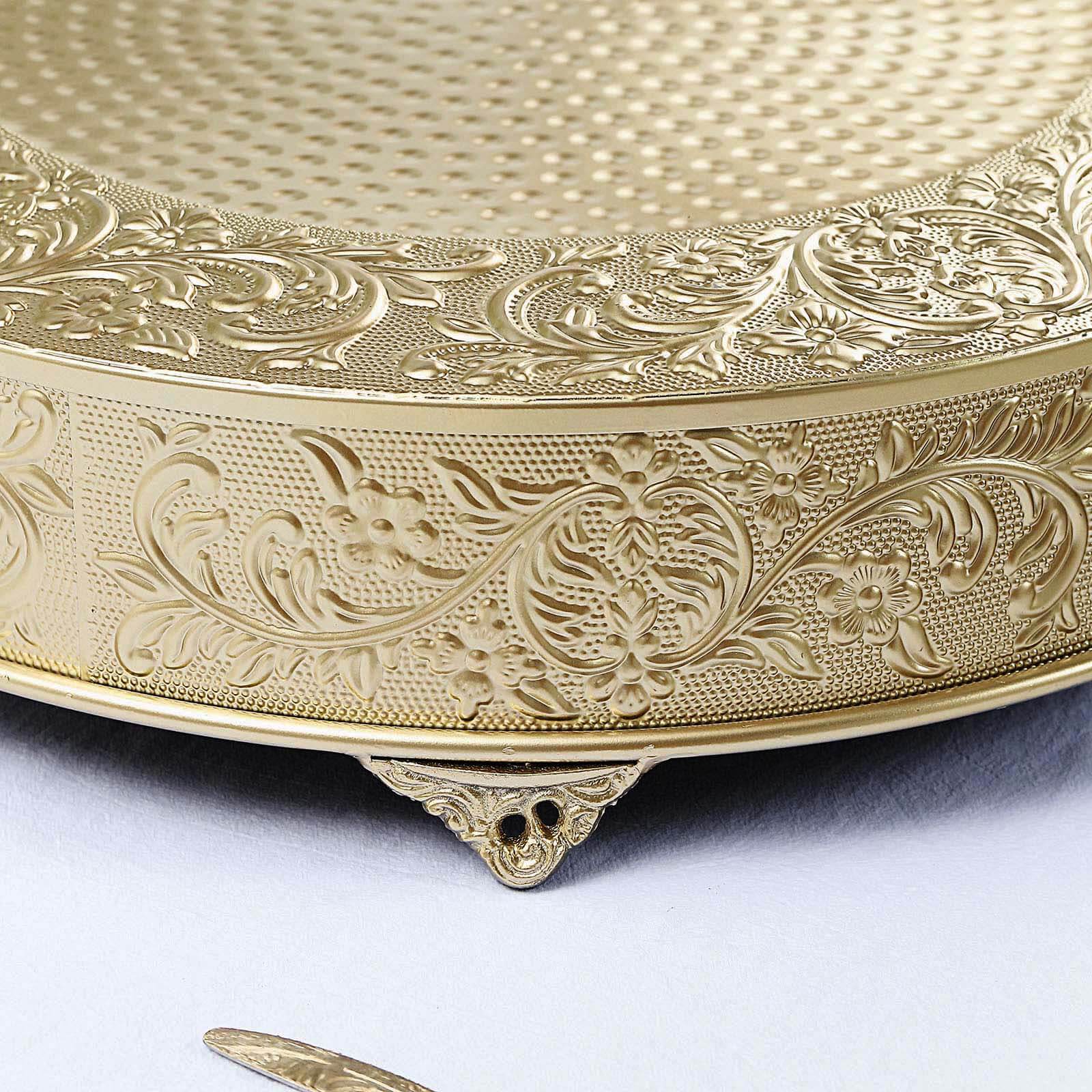 Metal 22" Round Cake Pedestal Stand Matte Gold - Cupcake Dessert Display Riser with Intricate Embossed Design for Upscale Events & Gatherings