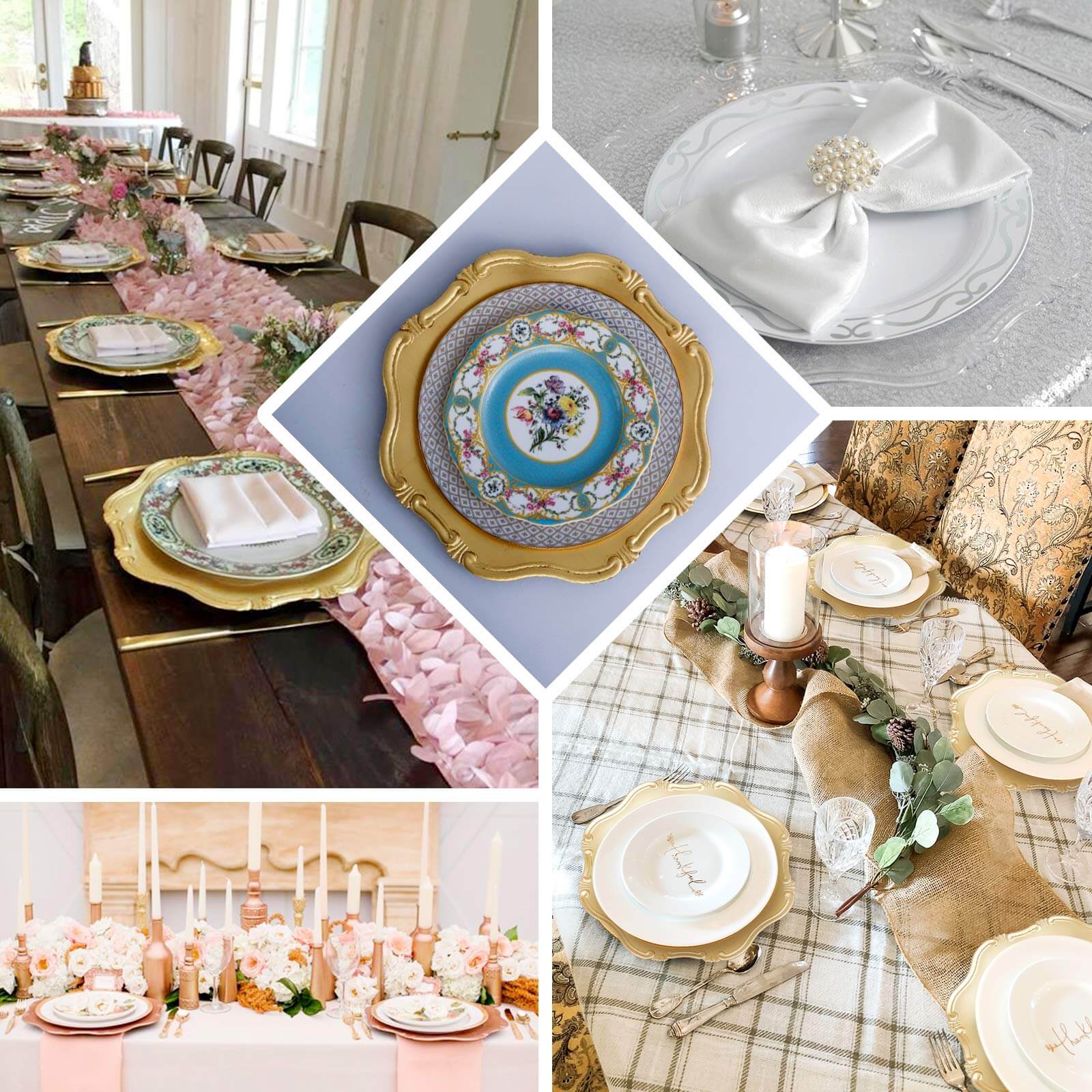 6-Pack Acrylic Plastic Hexagon Charger Plates 13" in Clear with Gold Baroque Scalloped Rim, Exquisite Dinner Serving Plates
