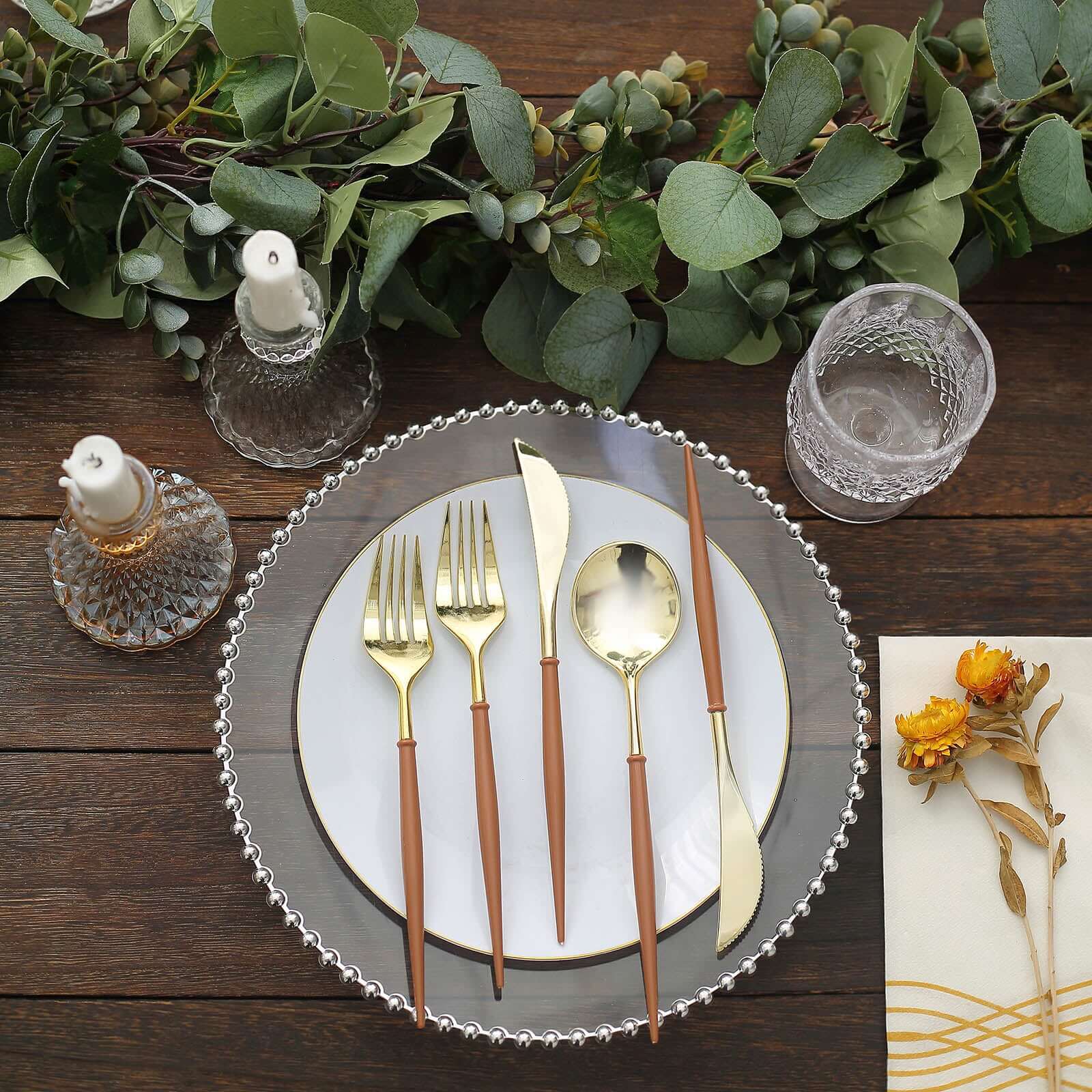 24-Pack Plastic Flatware Set in Metallic Gold with Brown Handle - Heavy Duty Disposable Modern Silverware 8"